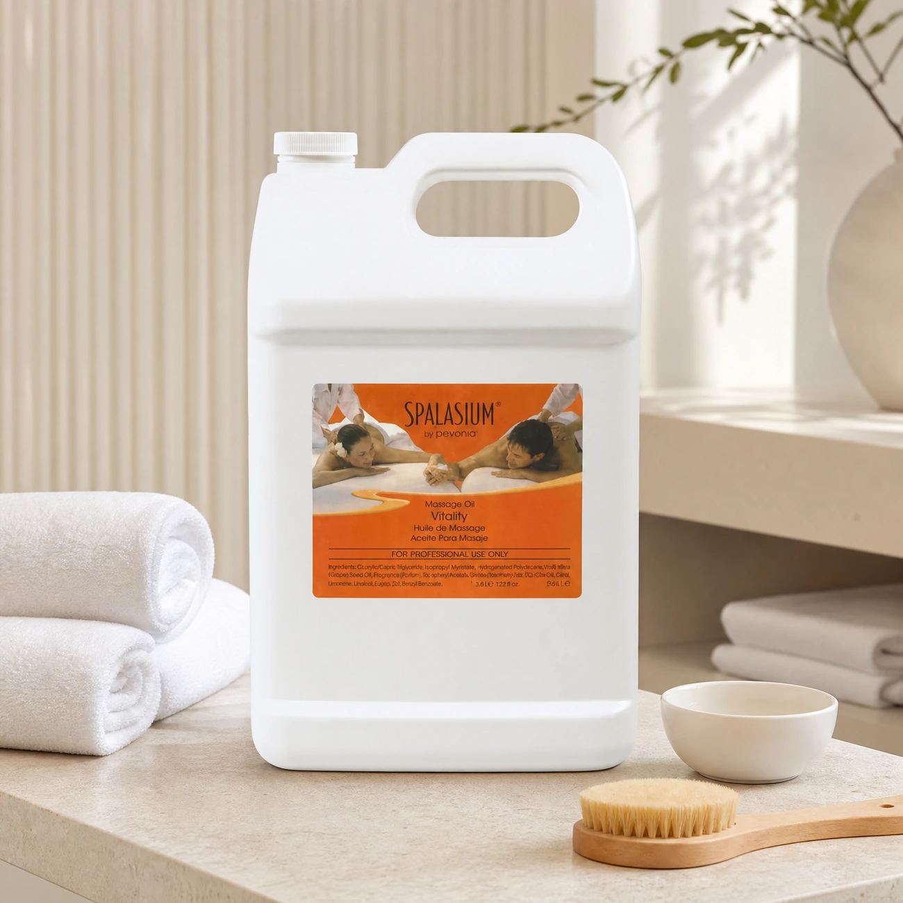Spalasium Massage Oil Vitality 3.6L professional jug styled in a serene luxury day spa massage treatment room for Beauty Collective Pro.