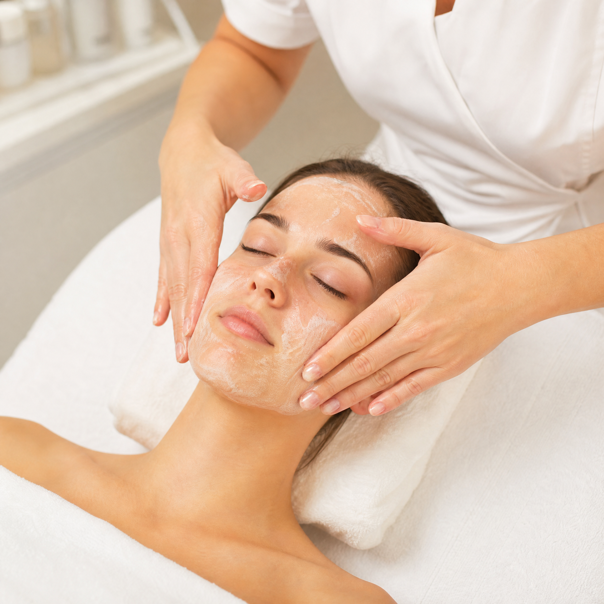 Therapist applying Power Repair Hydrating Cleanser to client's face in professional clinic setting