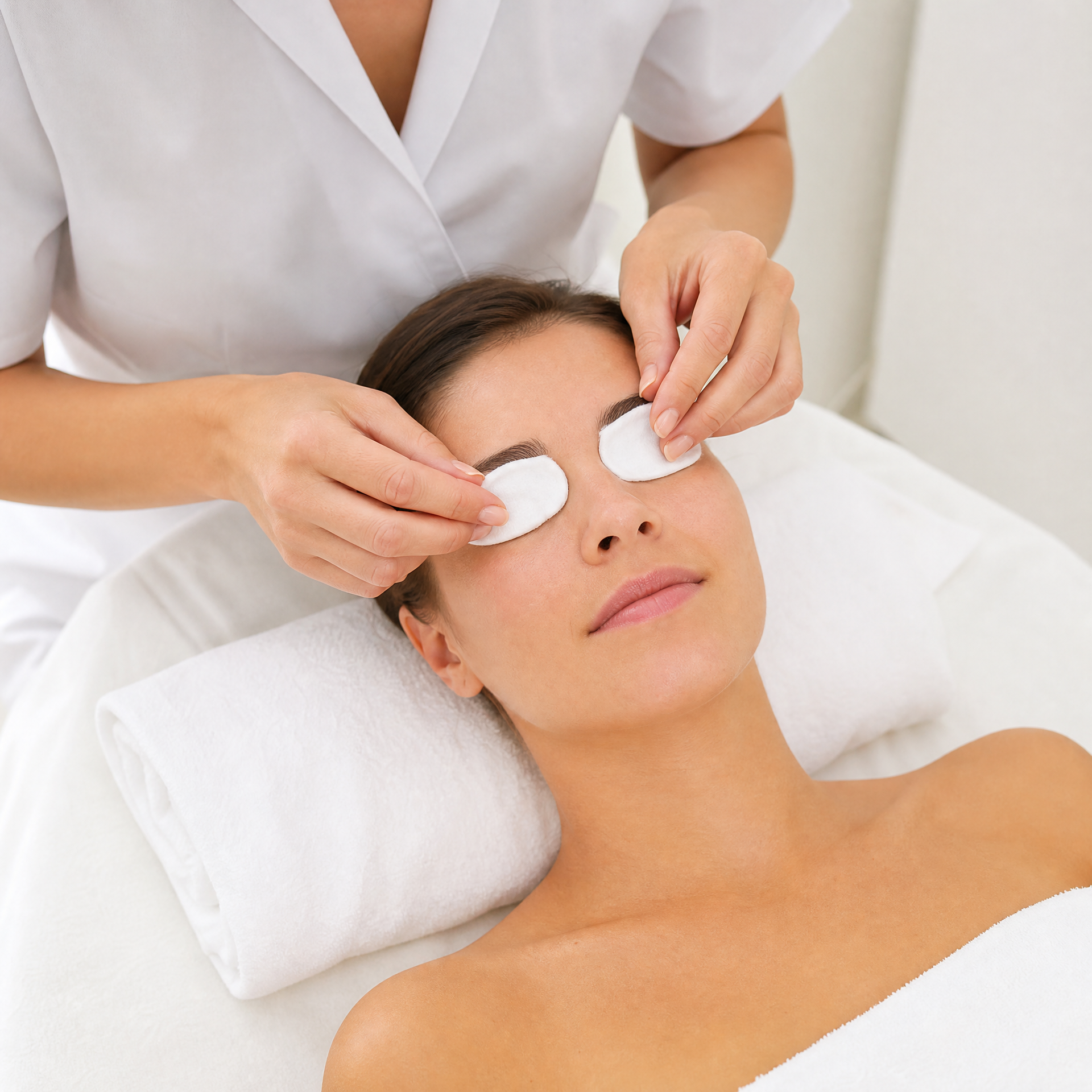 Therapist placing white eye pads over client's eyes before enzyme peel application during Pevonia facial treatment