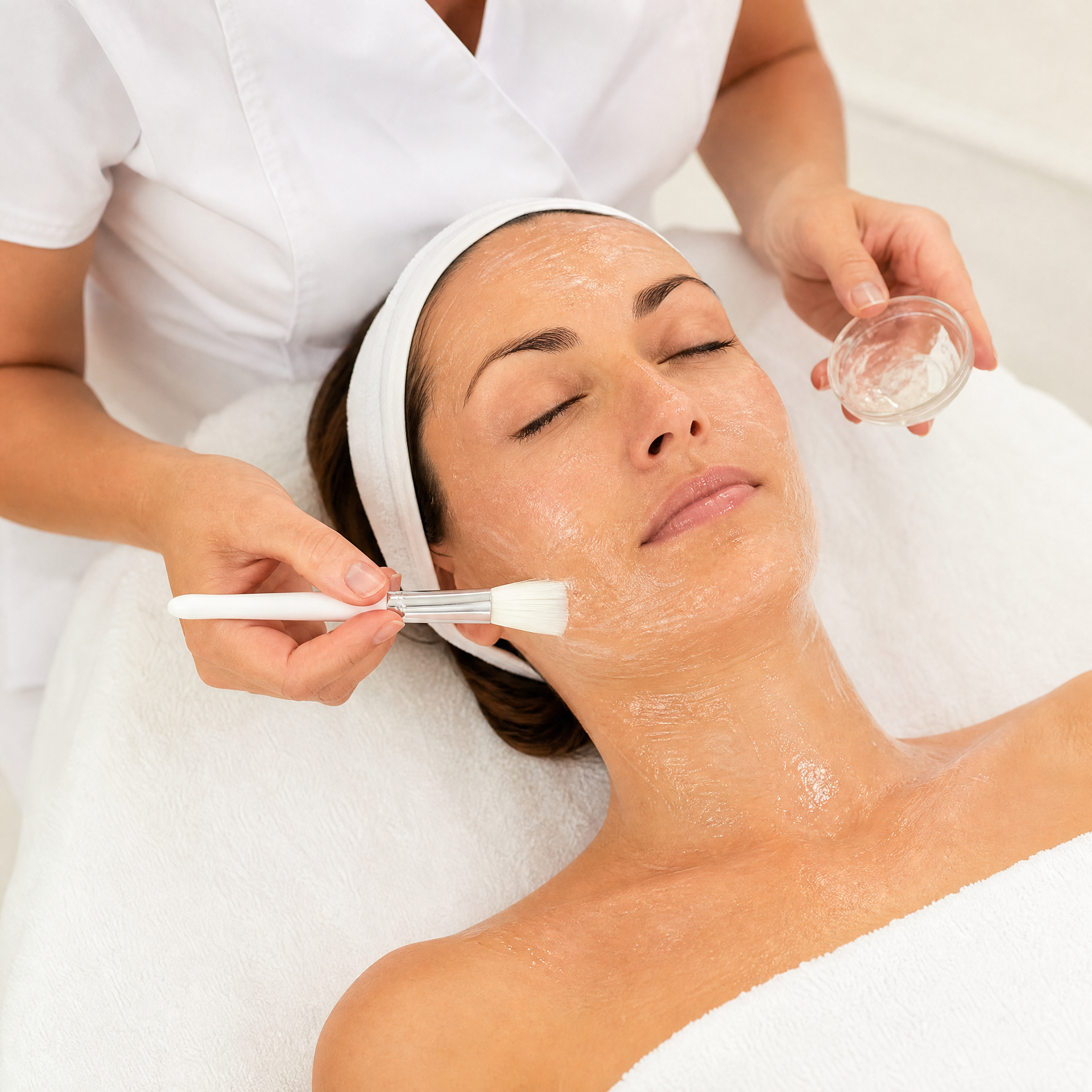 Therapist applying Foam-A-Zym enzyme peel with a mask brush over client's face and neck in professional spa setting