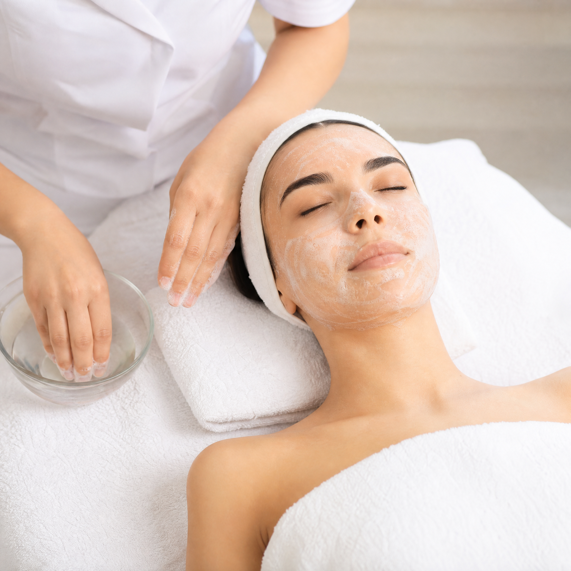 Therapist activating foaming enzyme peel on client's skin with fingertips during Pevonia professional facial