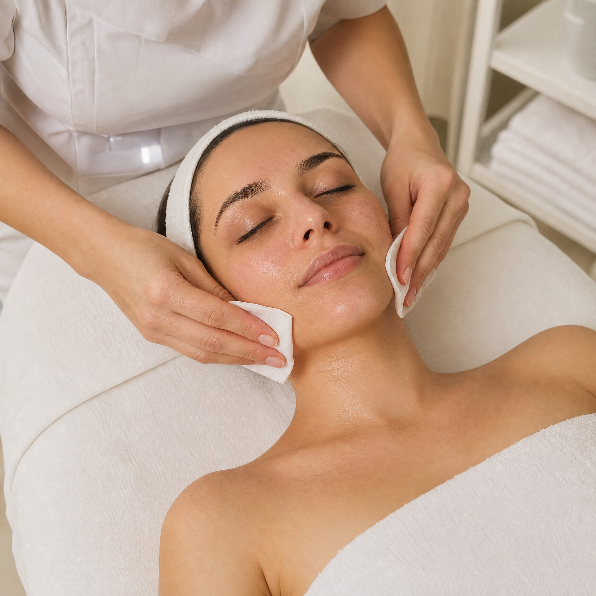 Therapist removing enzyme peel residue from client's face using warm water and gauze pads in clinical spa