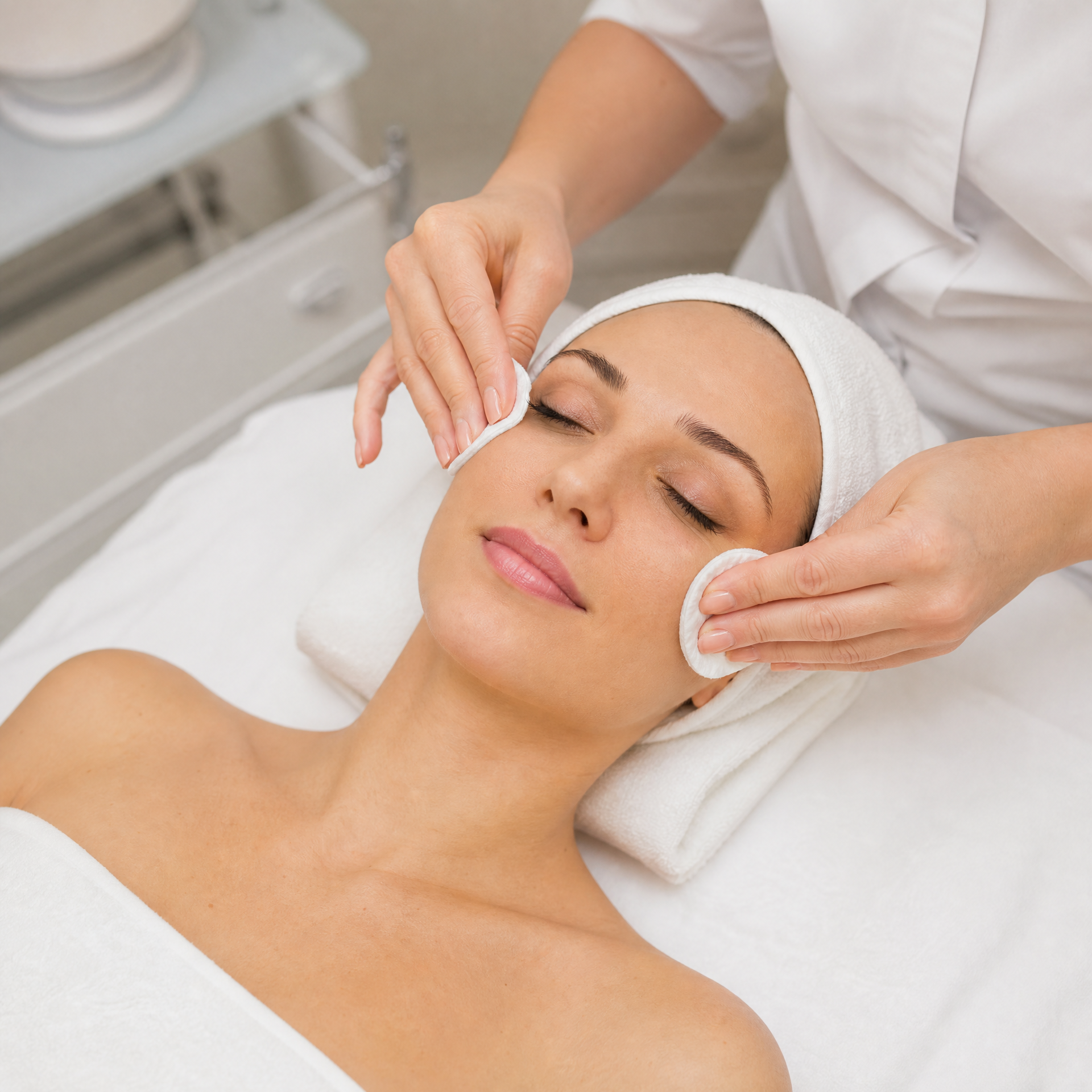 Therapist completing Phyto-Gel cleanse and applying facial lotion to client's skin after enzyme removal