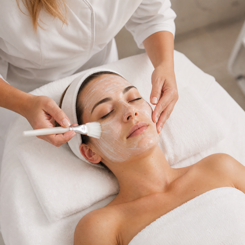 Therapist applying Pevonia Stem Cells Phyto-Elite Escutox Freeze-Dried mix with a mask brush, pressing into client's skin with targeted massage