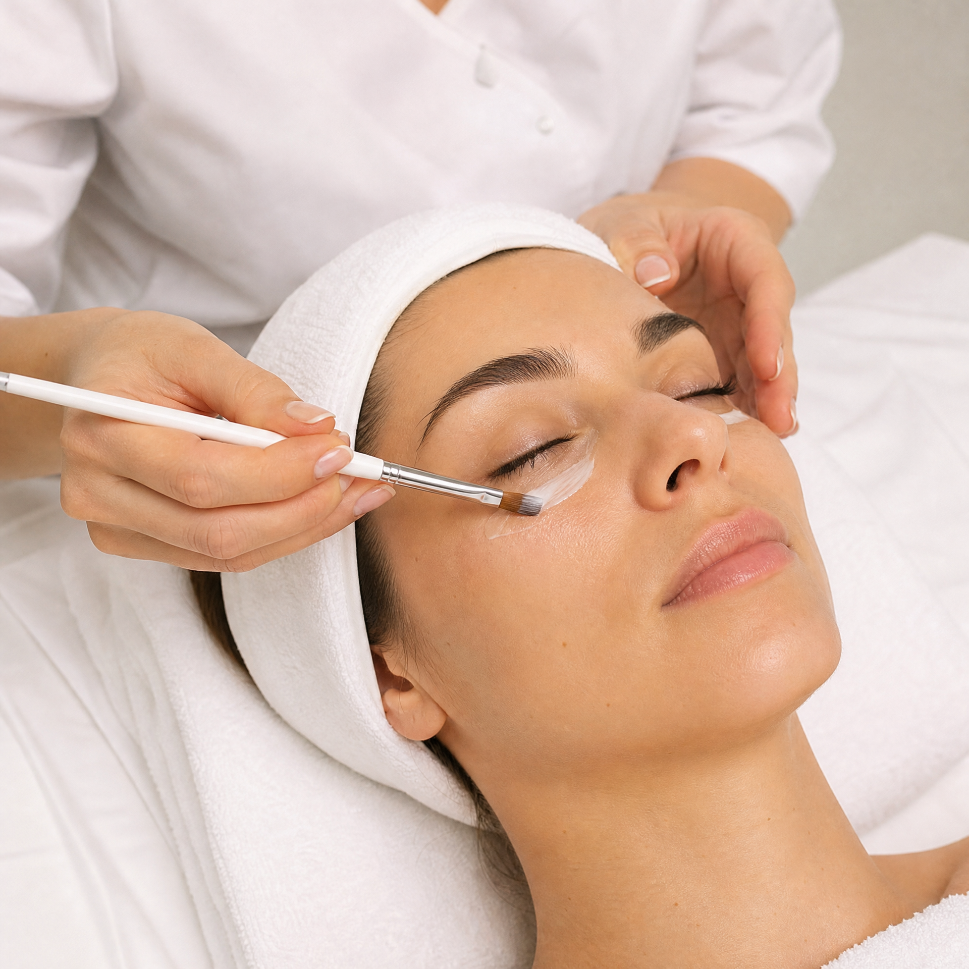 Therapist applying Stem Cells Phyto-Elite Intensive Cream around client's eye contour area using a small eye mask brush