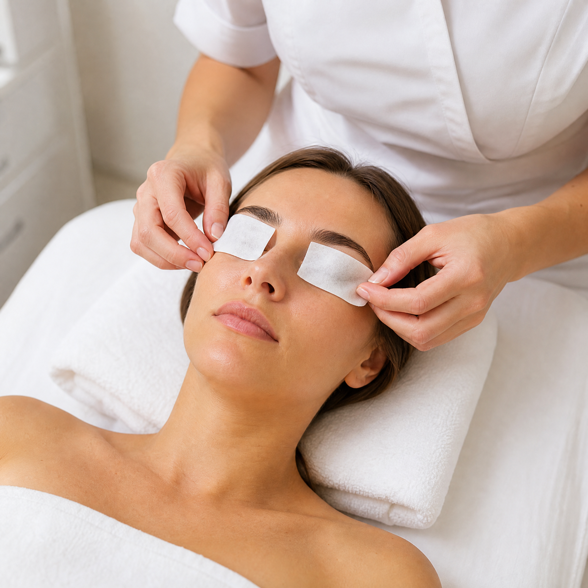 Therapist placing moist eye pads over client's eyes and eyebrows before Stem Cells Intensive Mask application