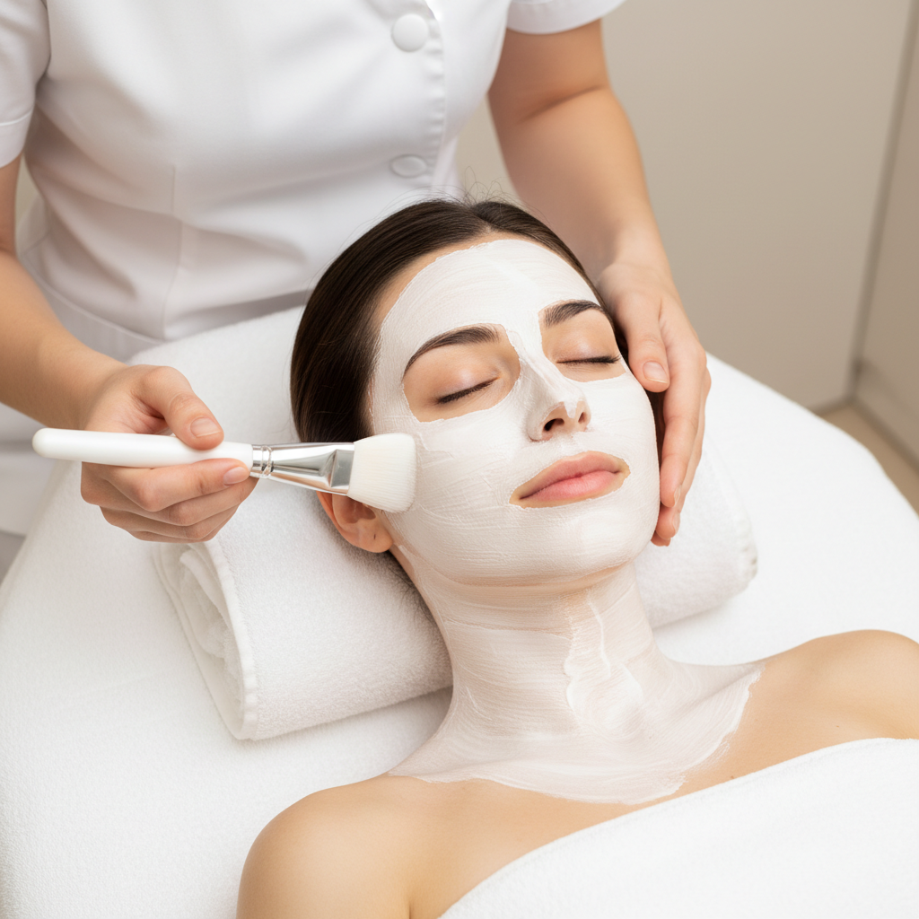 Therapist applying Pevonia Stem Cells Phyto-Elite Intensive Mask over client's face and neck with a mask brush in professional clinic