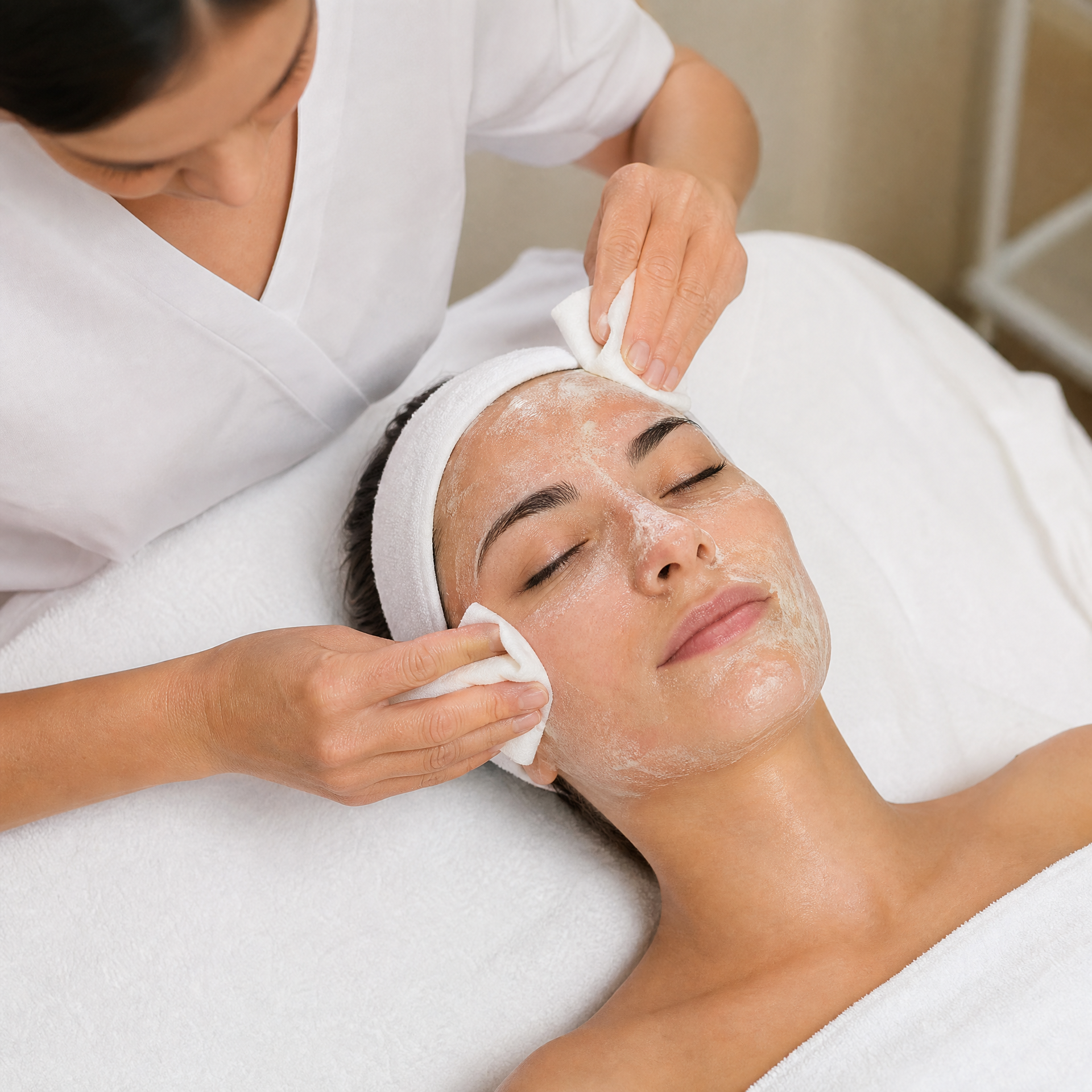 Therapist removing Stem Cells Phyto-Elite Intensive Mask from client's face using cool moist pads and Power Repair Hydrating Toner