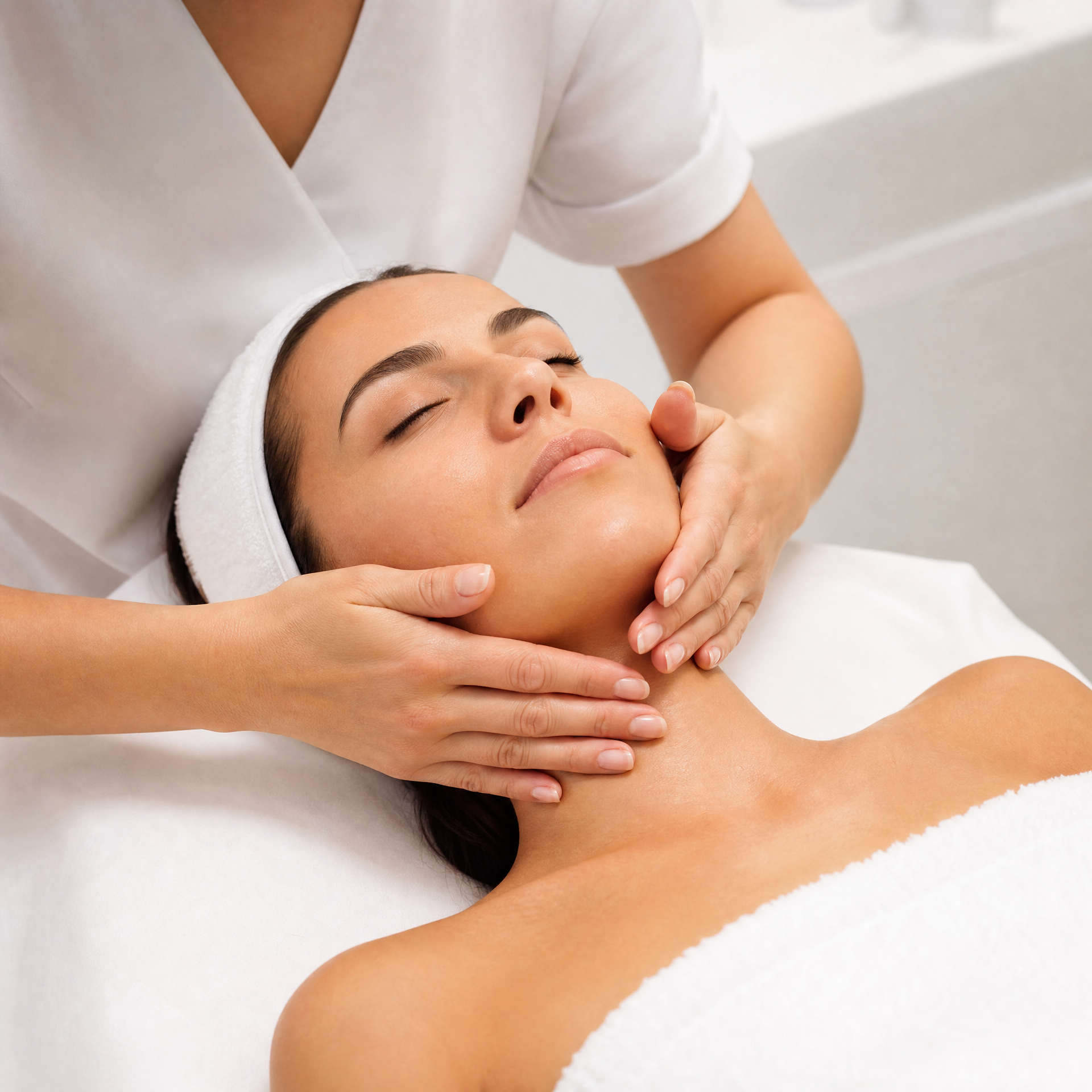 Therapist massaging Stem Cells Phyto-Elite Intensive Serum Ampoule and Intensive Cream into client's face and neck as treatment finishing step