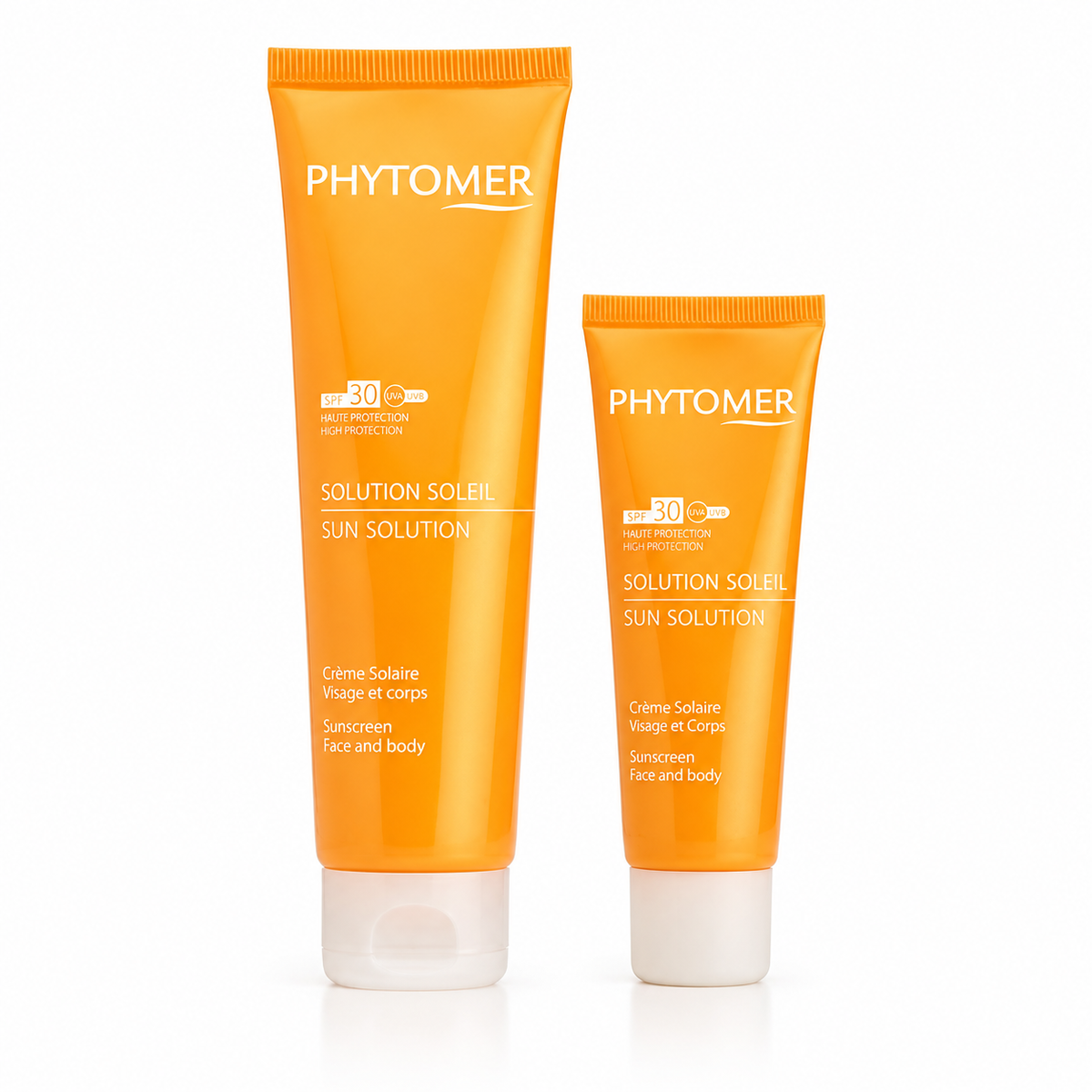 Sun Solution Sunscreen SPF 30 Face & Body 50ml Retail 125ml and Retail 50ml shown together on a clean white background
