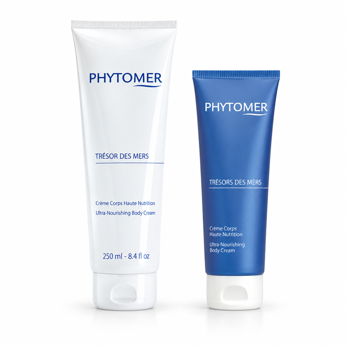Tresor Des Mers Ultra Nourishing Body Cream Prof. Use 250ml and Retail 150ml shown together on a clean white background