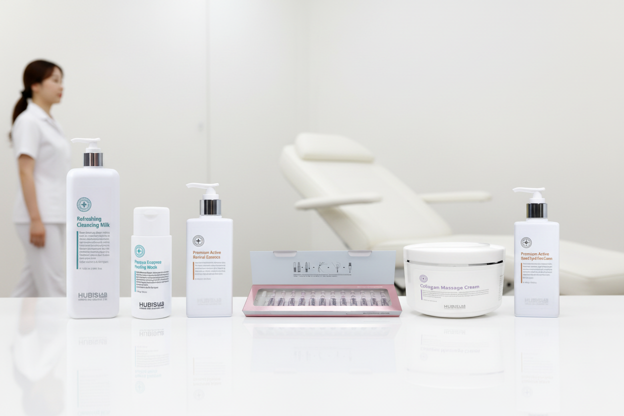 Set of skincare products including bottles and a box on a white background