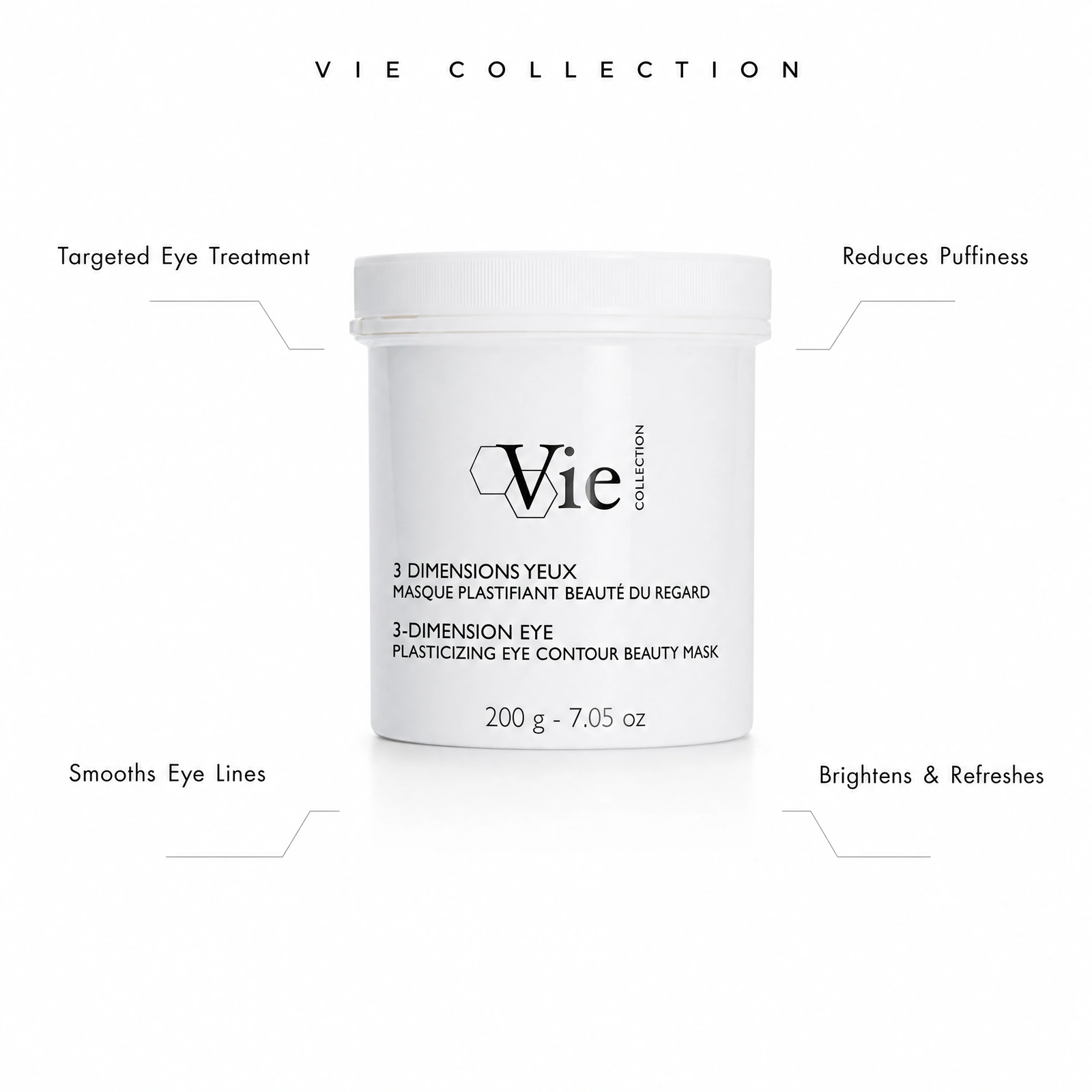 Vie Collection 3-Dimension Eye Plasticizing Eye Contour Beauty Mask 200g with professional benefit callouts for targeted eye treatment, smoothing eye lines, reducing puffiness and brightening tired eye contours.