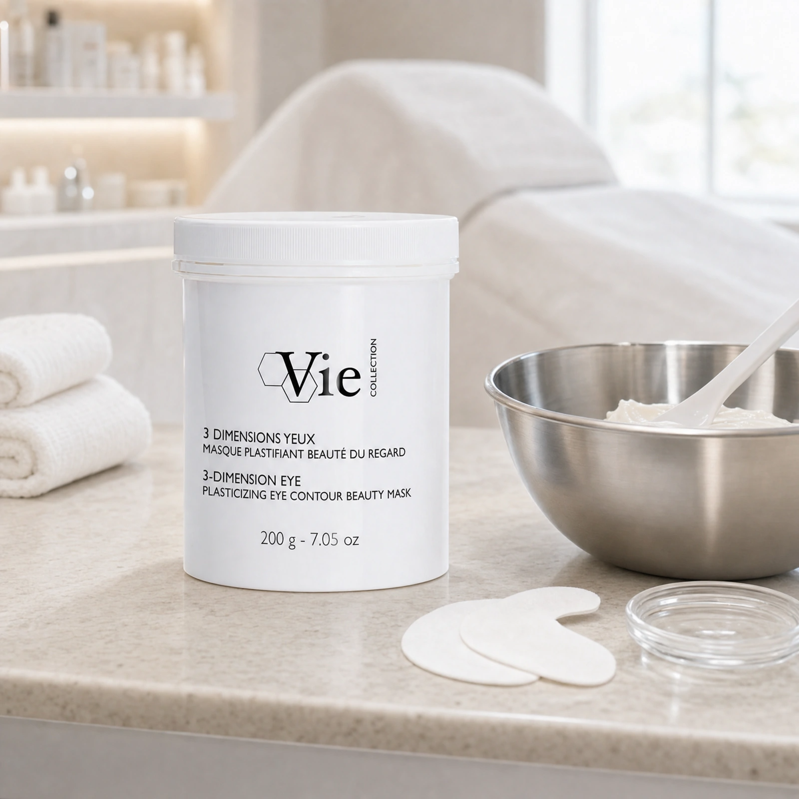 Vie Collection 3-Dimension Eye Plasticizing Eye Contour Beauty Mask 200g displayed in a premium clinical treatment-room setting for professional eye contour mask protocols.