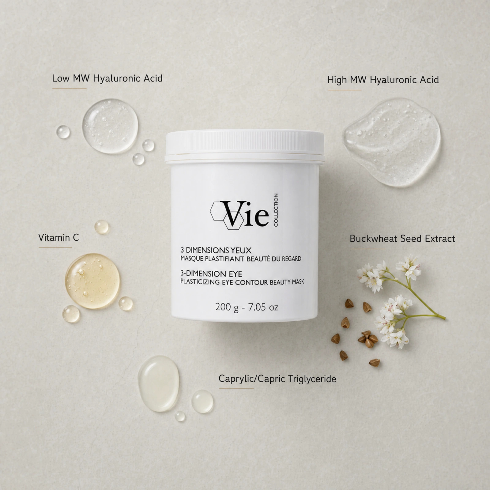 Vie Collection 3-Dimension Eye Plasticizing Eye Contour Beauty Mask 200g ingredient flatlay with Low MW Hyaluronic Acid, High MW Hyaluronic Acid, Vitamin C, Buckwheat Seed Extract and Caprylic/Capric Triglyceride.