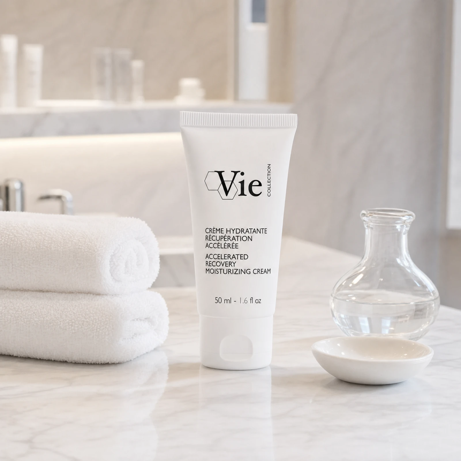 Vie Collection Accelerated Recovery Moisturizing Cream 50ml on a white marble spa treatment counter with stacked white spa towels, clear glass carafe with water, white ceramic dish and illuminated product shelf in background, professional clinic setting