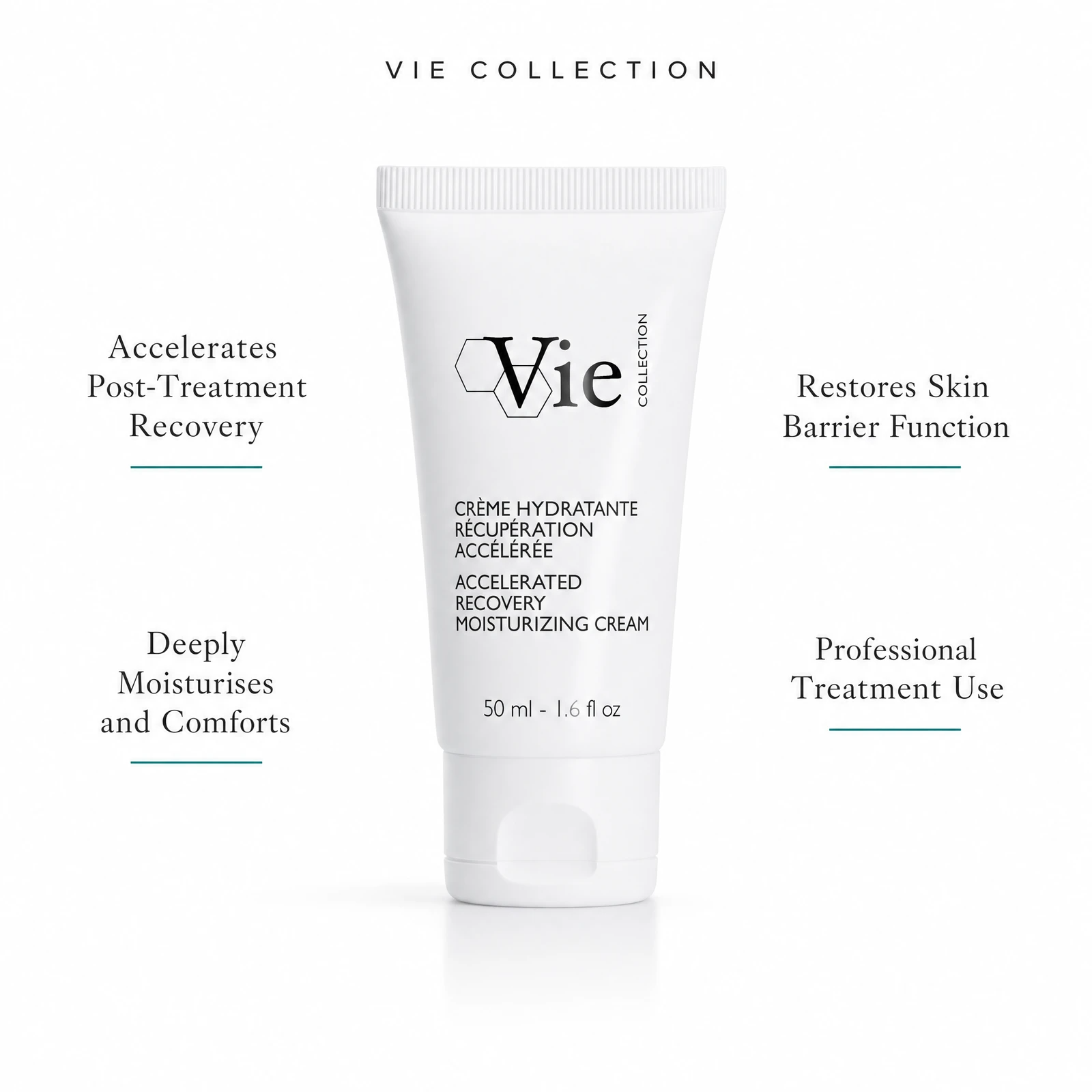Vie Collection Accelerated Recovery Moisturizing Cream 50ml with four benefit callouts: Accelerates Post-Treatment Recovery, Deeply Moisturises and Comforts, Restores Skin Barrier Function, Professional Treatment Use