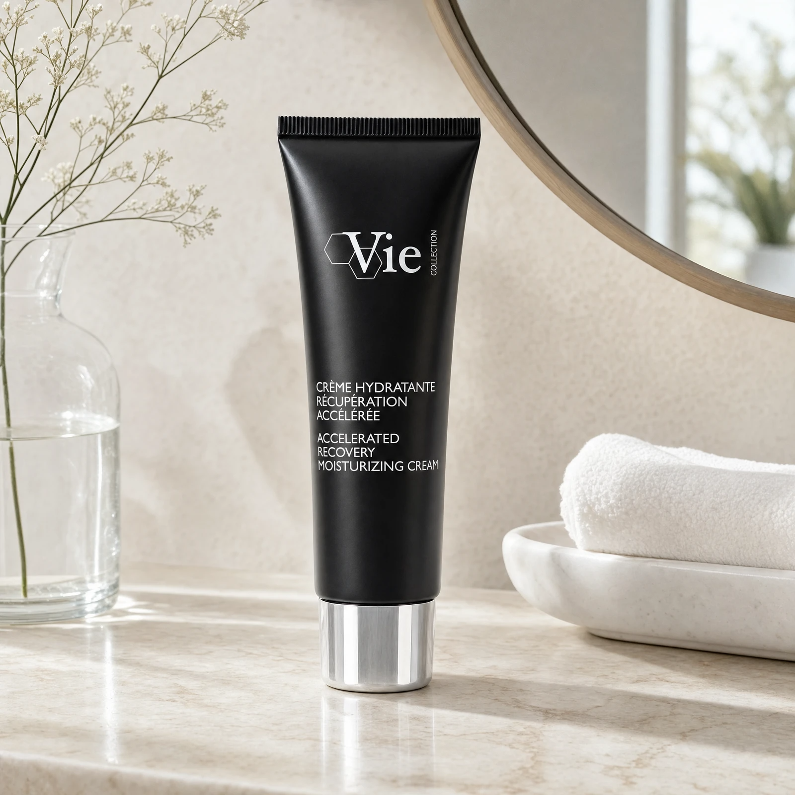 Vie Collection Accelerated Recovery Moisturizing Cream 50ml on a marble bathroom counter with gypsophila in glass carafe, white ceramic dish, white waffle towel and gold round mirror, premium at-home skincare setting