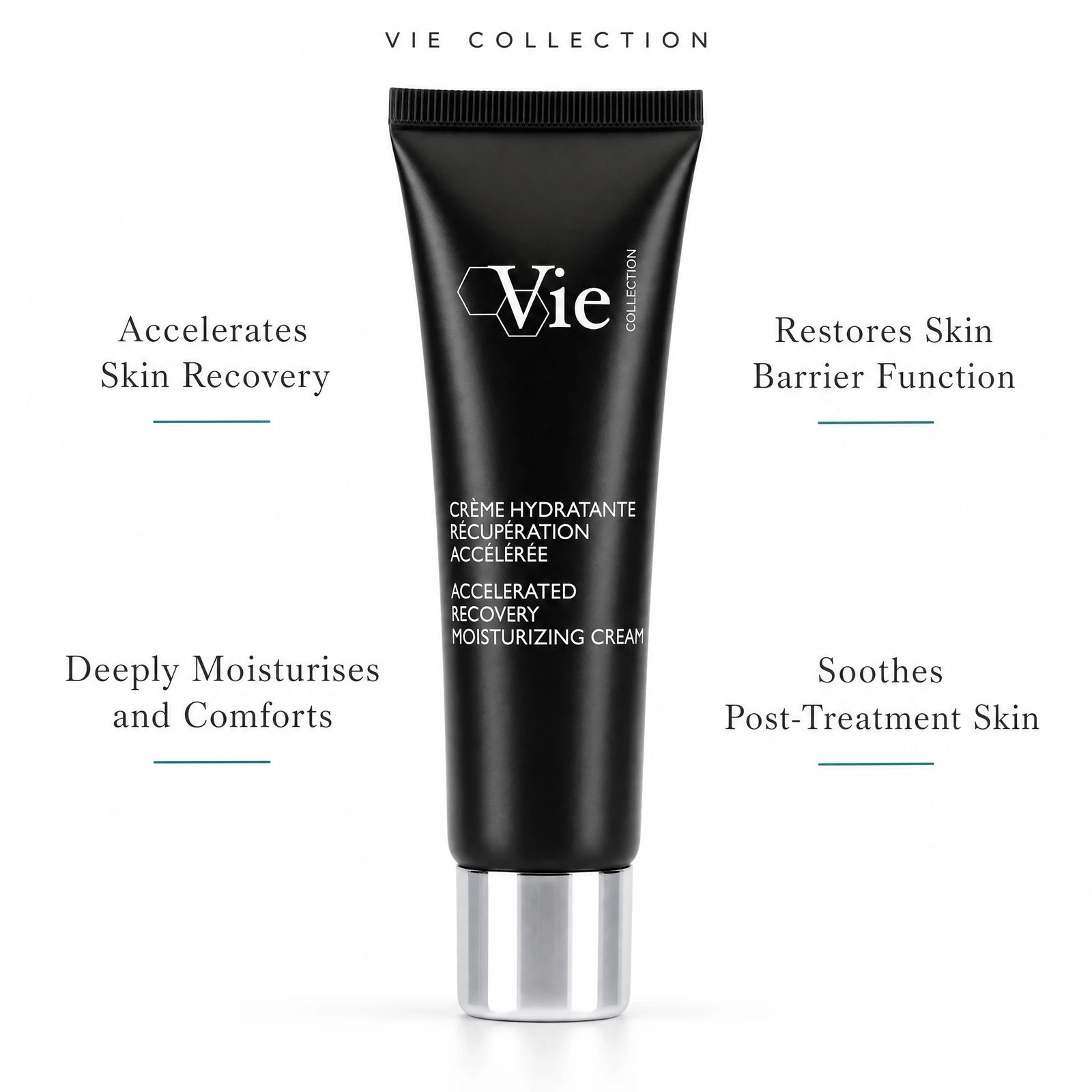 Vie Collection Accelerated Recovery Moisturizing Cream 50ml with four benefit callouts: Accelerates Skin Recovery, Deeply Moisturises and Comforts, Restores Skin Barrier Function, Soothes Post-Treatment Skin