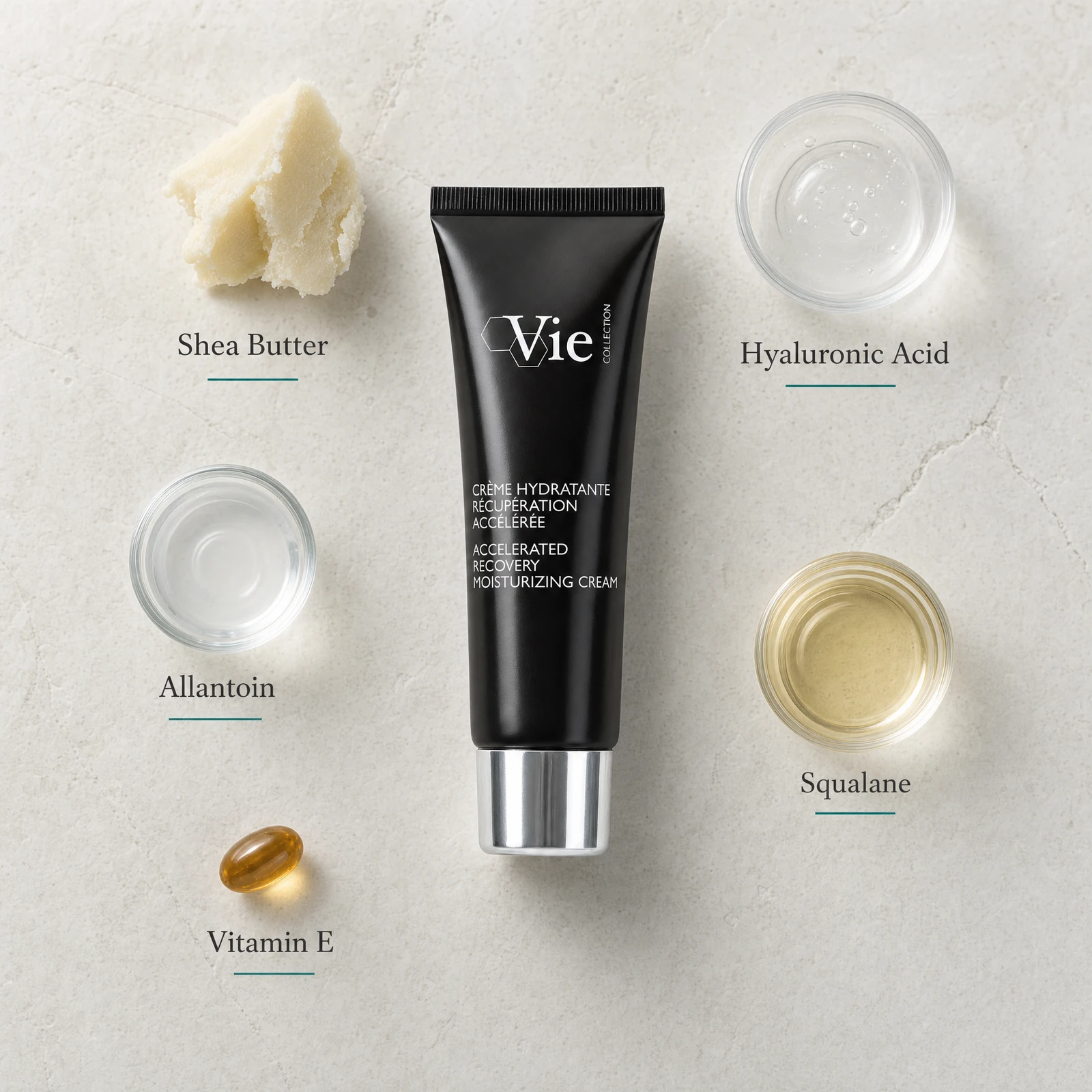 Vie Collection Accelerated Recovery Moisturizing Cream 50ml flatlay on limestone surface with Shea Butter, Hyaluronic Acid, Allantoin, Squalane, and Vitamin E