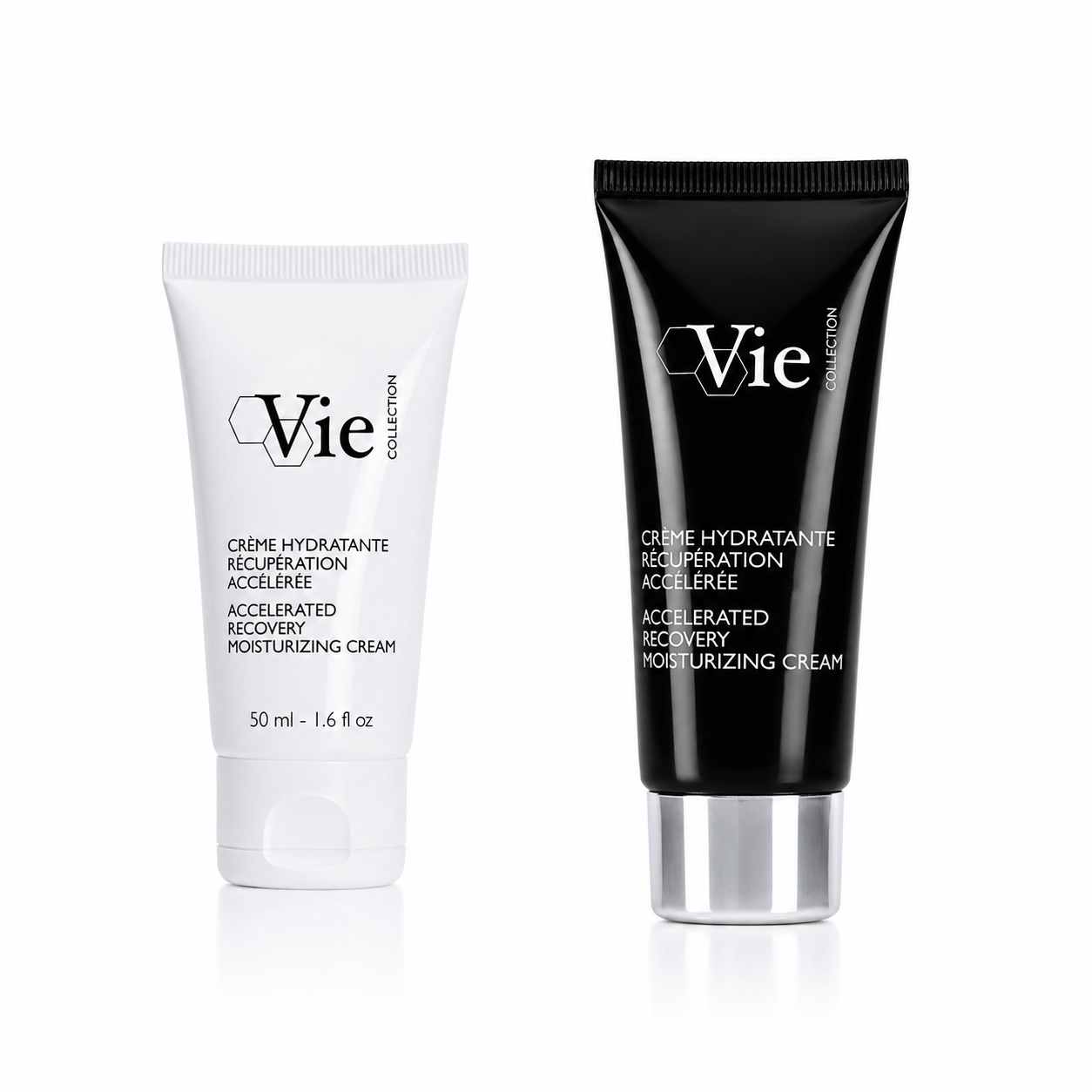 Vie Collection Accelerated Recovery Moisturizing Cream professional and retail duo packshot featuring full size and retail size tubes on a clean white background.