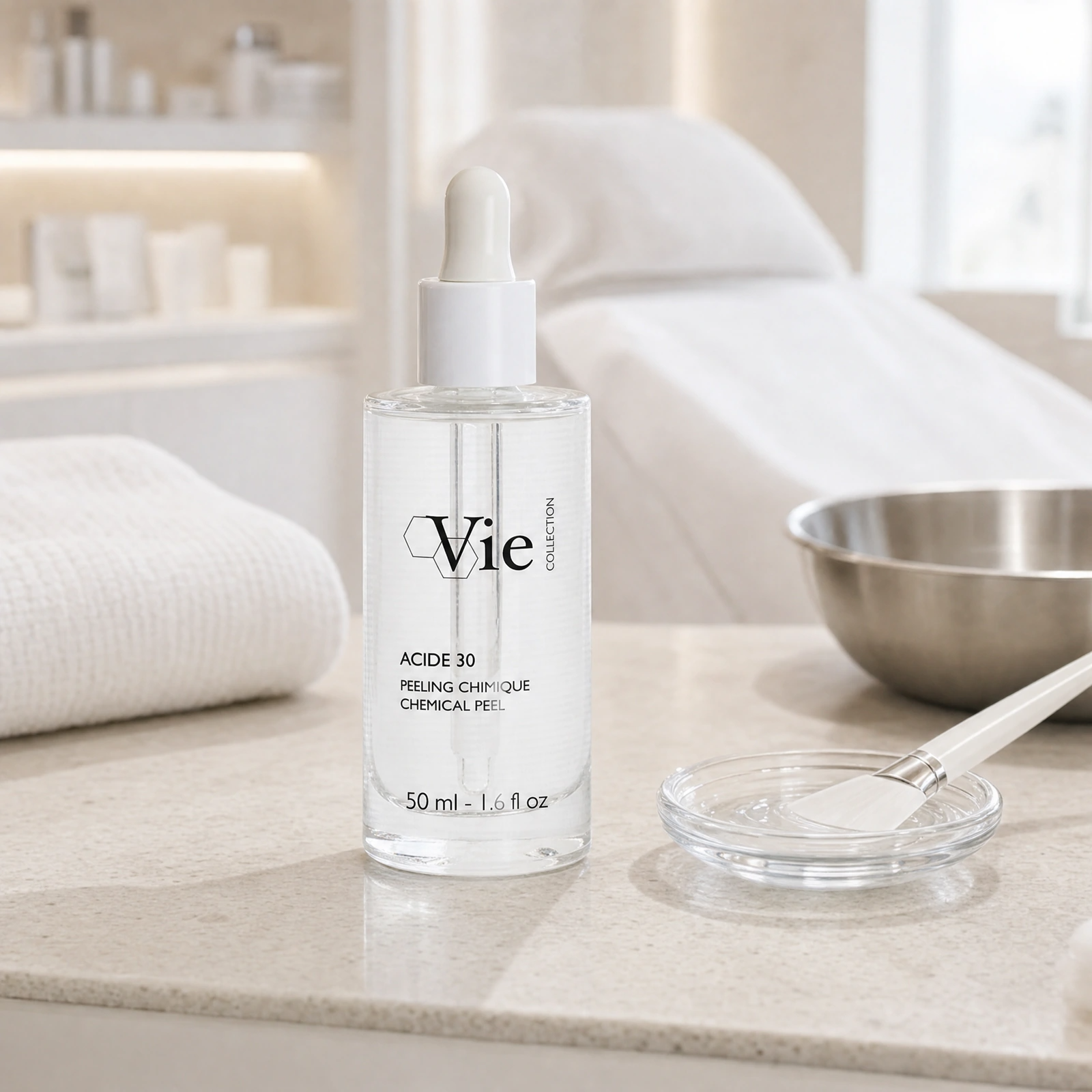 Vie Collection ACIDE 30 Chemical Peel 50ml displayed in a premium clinical treatment-room setting for professional resurfacing peel and corrective treatment protocols.