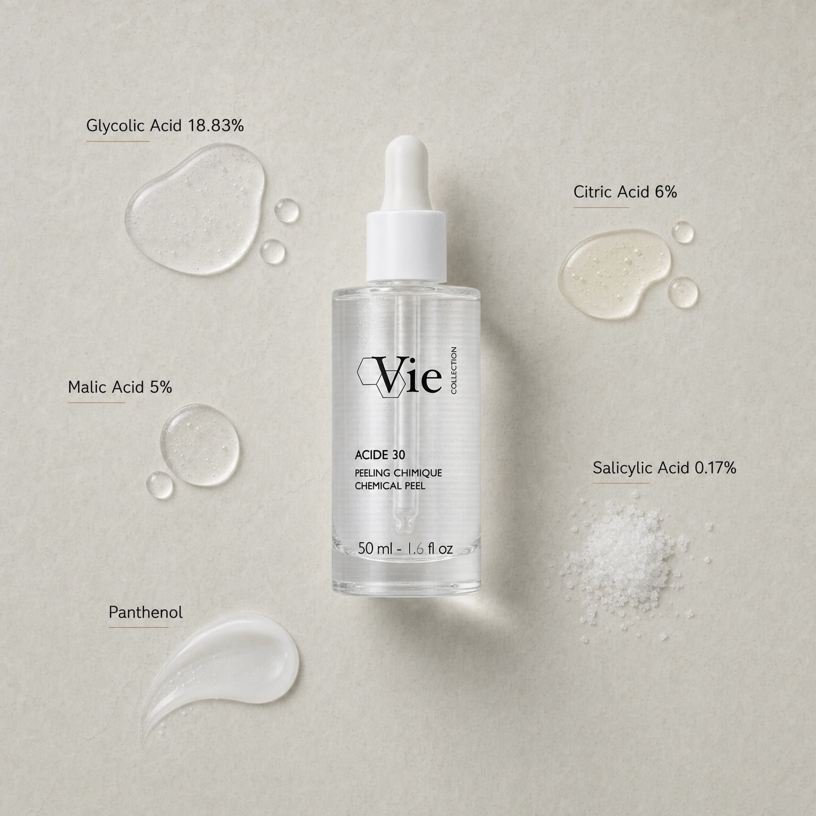 Vie Collection ACIDE 30 Chemical Peel 50ml ingredient flatlay with Glycolic Acid 18.83%, Citric Acid 6%, Malic Acid 5%, Salicylic Acid 0.17% and Panthenol.