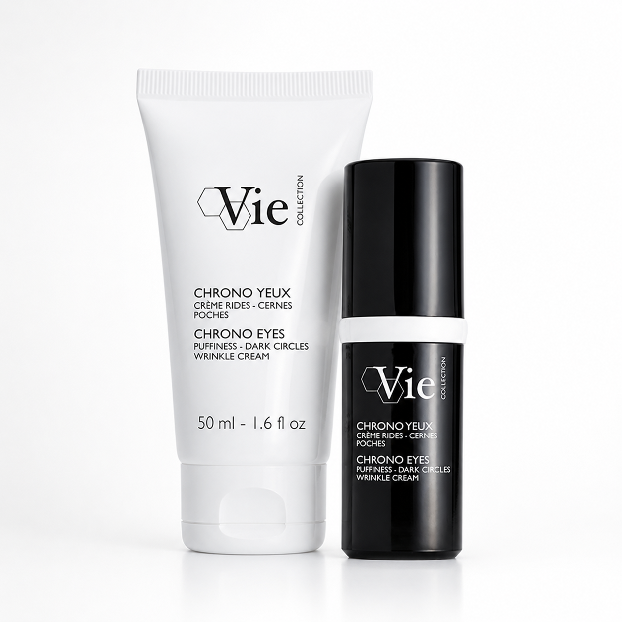 Vie Collection Chrono Eyes 50ml cabin size and 15ml retail size eye cream for puffiness, dark circles and wrinkles