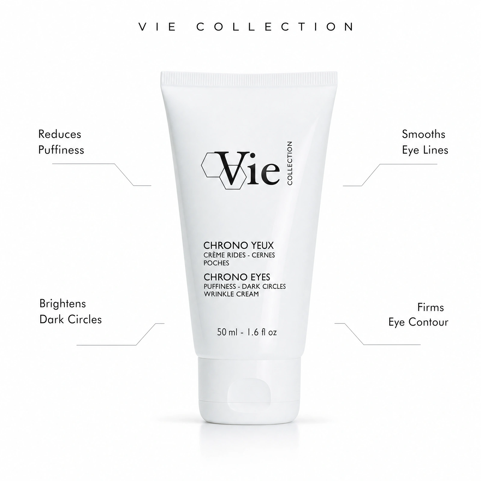 Vie Collection Chrono Eyes 50ml with professional benefit callouts for reducing puffiness, brightening dark circles, smoothing eye lines and firming the eye contour.