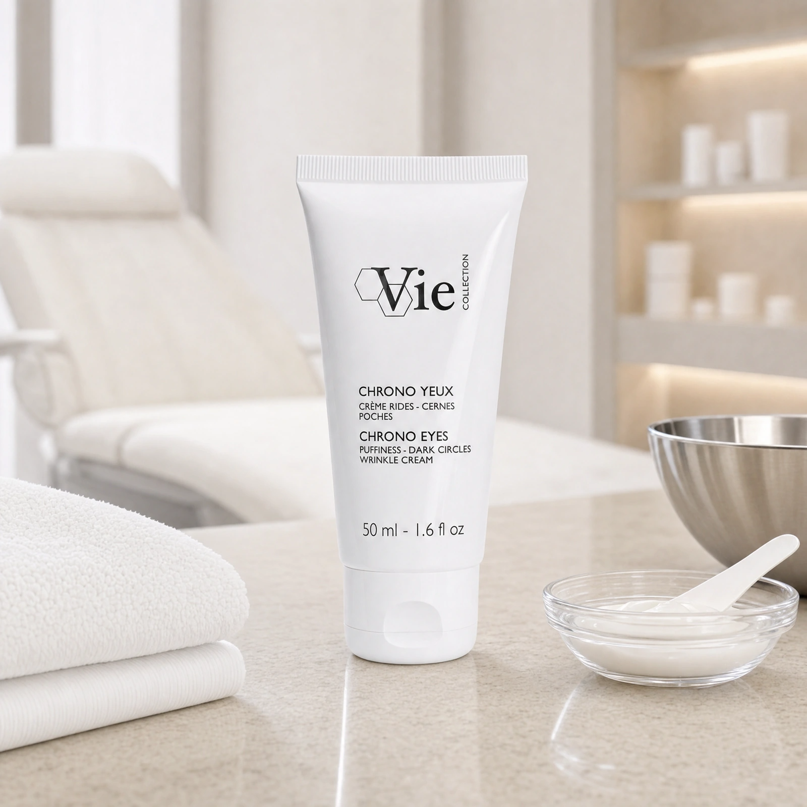 Vie Collection Chrono Eyes 50ml displayed in a premium clinical treatment-room setting for professional eye contour, puffiness and dark-circle treatments.
