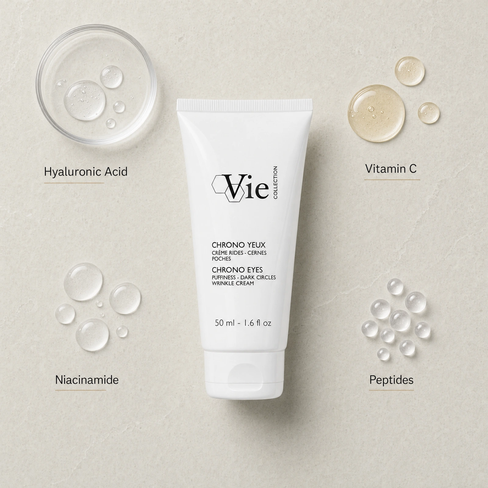 Vie Collection Chrono Eyes 50ml ingredient flatlay with Hyaluronic Acid, Peptides, Vitamin C and Niacinamide.