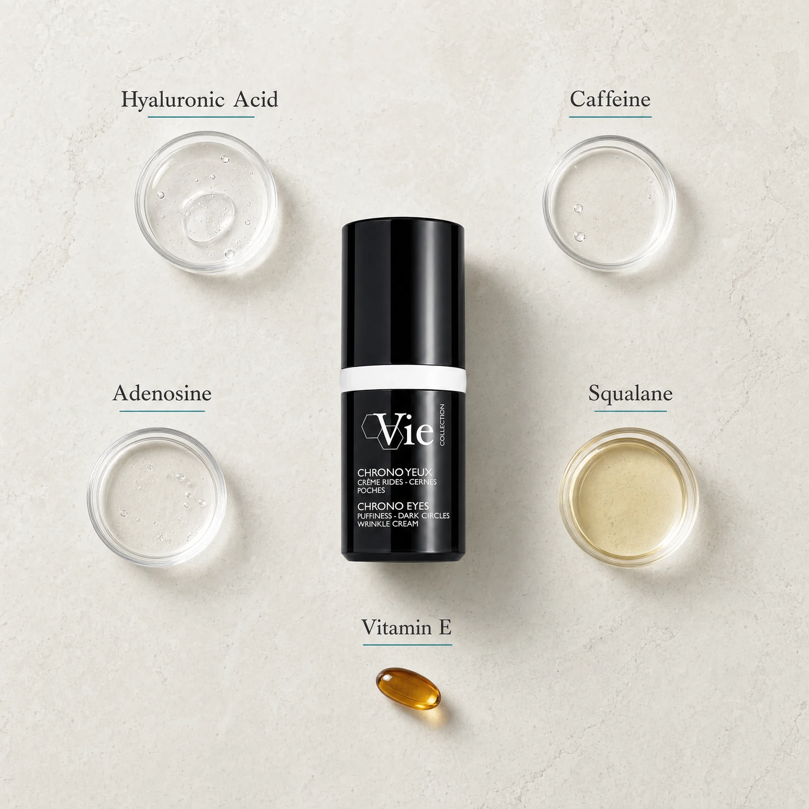Vie Collection Chrono Eyes Puffiness Dark Circles Wrinkle Cream 15ml flatlay on limestone surface with Hyaluronic Acid, Caffeine, Adenosine, Squalane, and Vitamin E