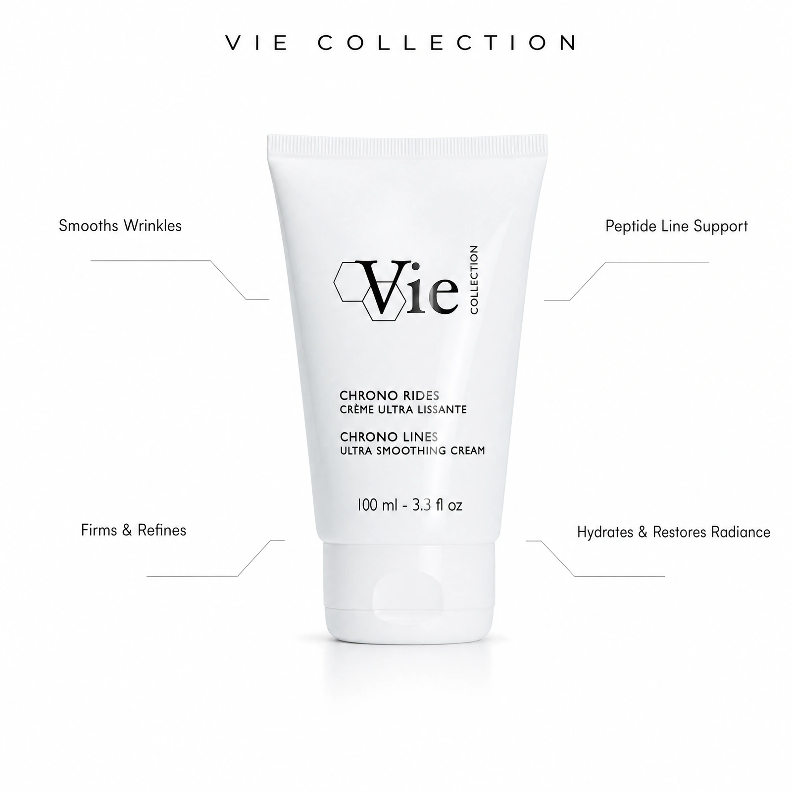 Vie Collection Chrono Lines Ultra Smoothing Cream 100ml with professional benefit callouts for smoothing wrinkles, firming and refining, peptide line support, and hydration with restored radiance.