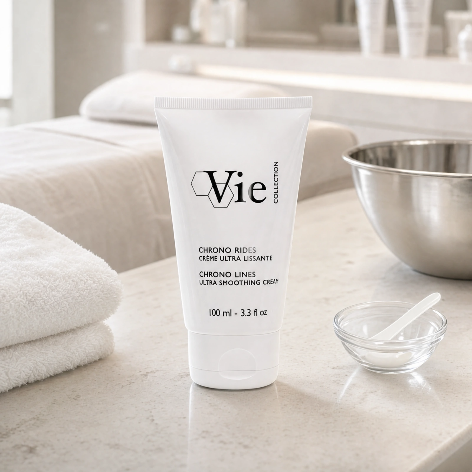 Vie Collection Chrono Lines Ultra Smoothing Cream 100ml displayed in a premium clinical treatment-room setting for professional anti-ageing and wrinkle-smoothing treatments.