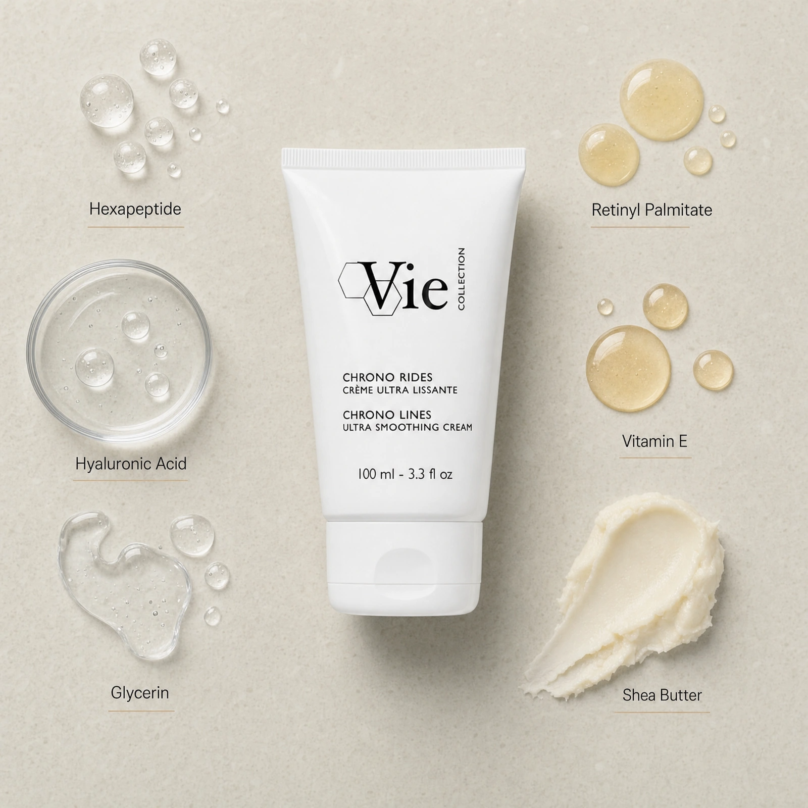 Vie Collection Chrono Lines Ultra Smoothing Cream 100ml ingredient flatlay with Hexapeptide, Retinyl Palmitate, Hyaluronic Acid, Vitamin E, Shea Butter and Glycerin.