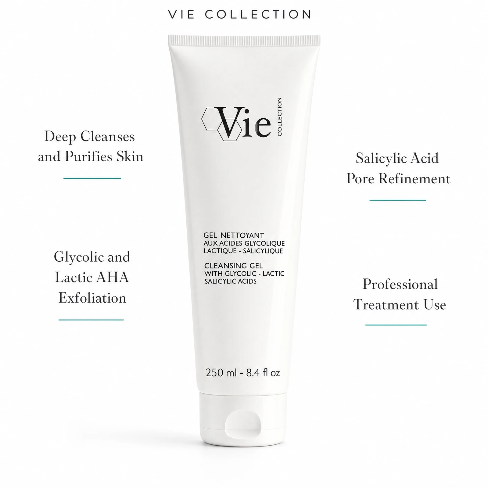 Vie Collection Cleansing Gel with Glycolic Lactic Salicylic Acids 250ml with four benefit callouts: Deep Cleanses and Purifies Skin, Glycolic and Lactic AHA Exfoliation, Salicylic Acid Pore Refinement, Professional Treatment Use