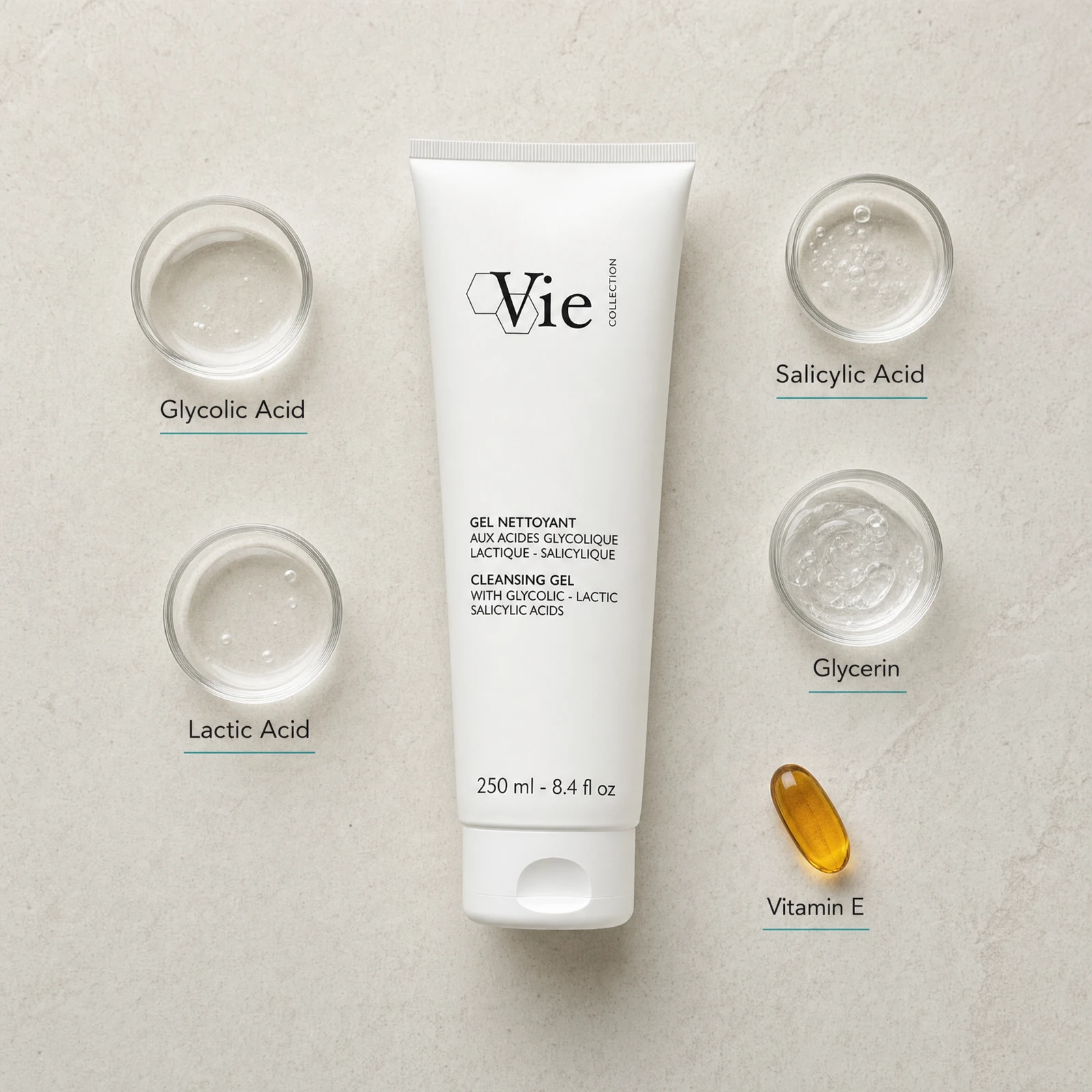 Vie Collection Cleansing Gel with Glycolic Lactic Salicylic Acids 250ml flatlay on limestone surface with Glycolic Acid, Lactic Acid, Salicylic Acid, Glycerin, and Vitamin E