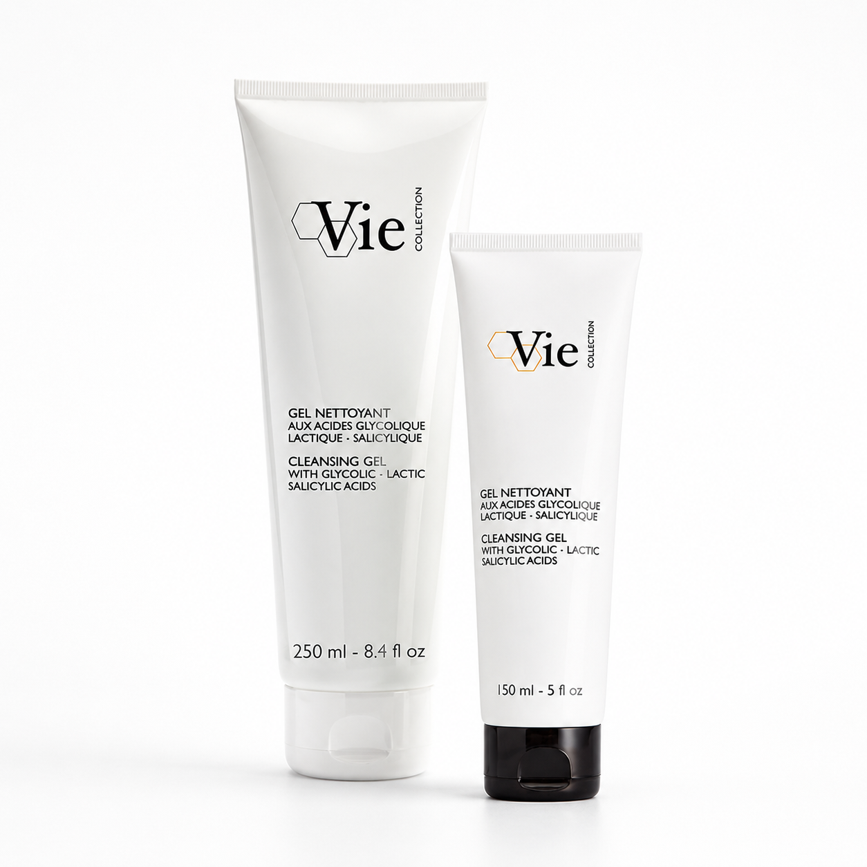 Vie Collection Cleansing Gel with Glycolic, Lactic and Salicylic Acids retail and professional variant image showing the 150ml retail tube and 250ml professional tube together on a clean white background.