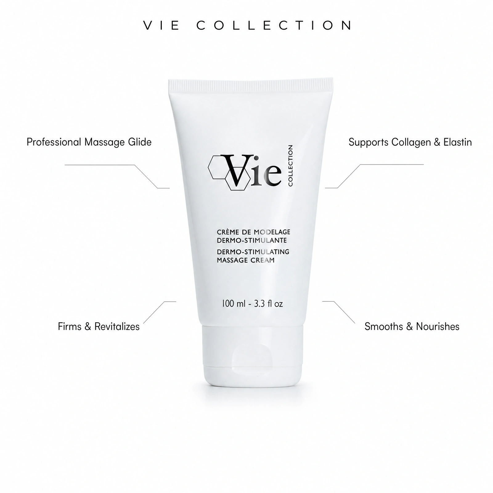 Cream 100ml with professional benefit callouts for massage glide, firming and revitalising, collagen and elastin support, and smoothing nourishment.