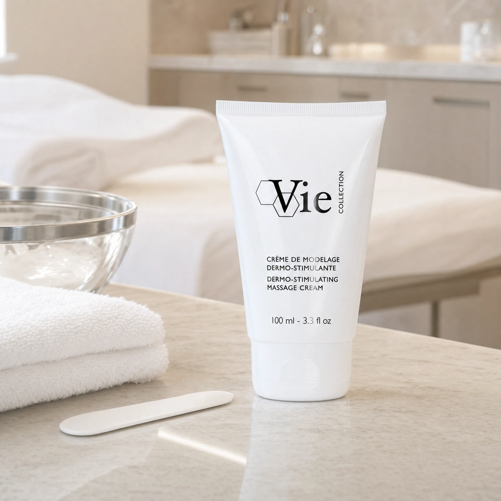 Vie Collection Dermo-Stimulating Massage Cream 100ml displayed in a premium clinical treatment-room setting for professional anti-ageing massage treatments.