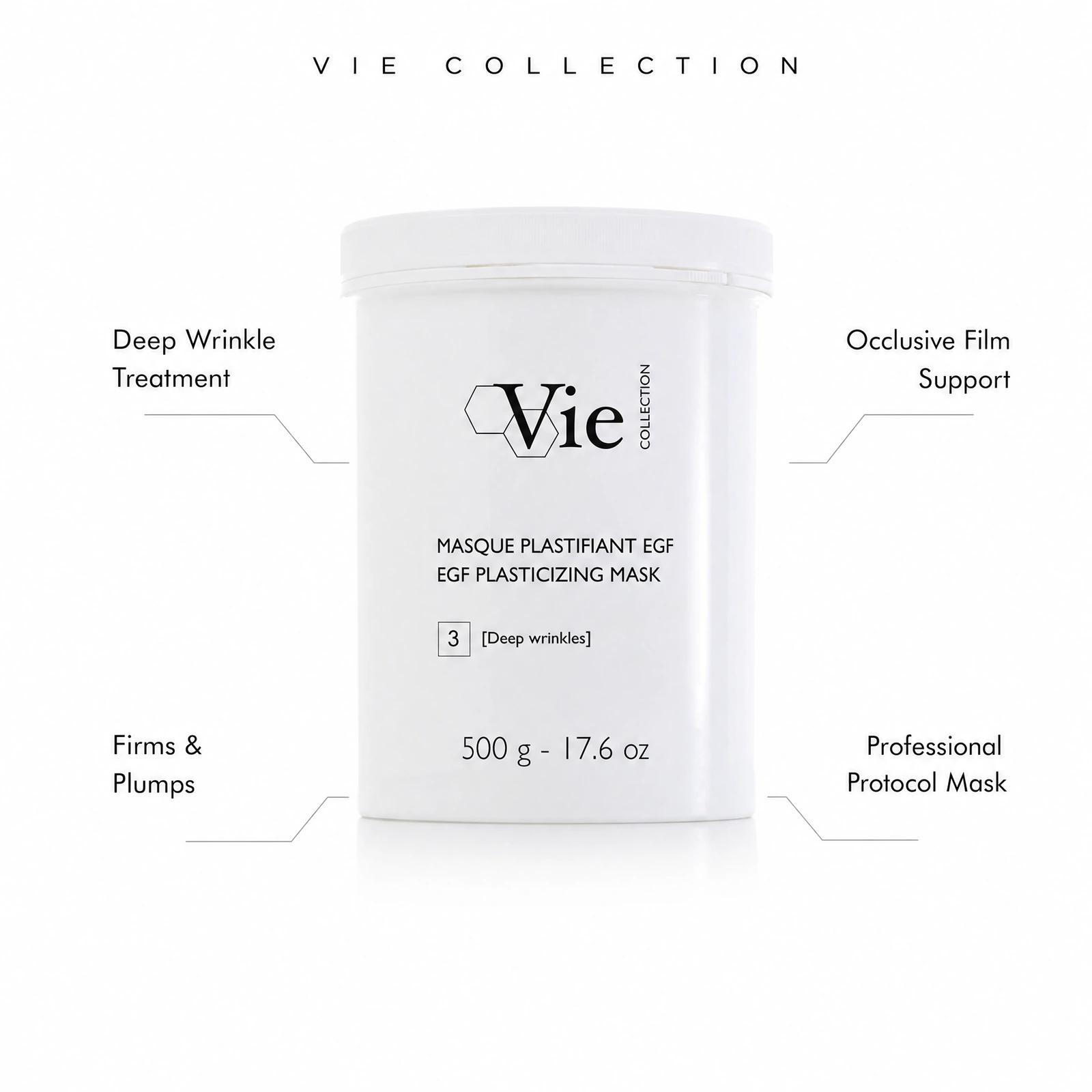 Vie Collection EGF Plasticizing Mask Deep Wrinkles 500g with professional benefit callouts for deep wrinkle treatment, firming and plumping, occlusive film support and professional protocol mask use.