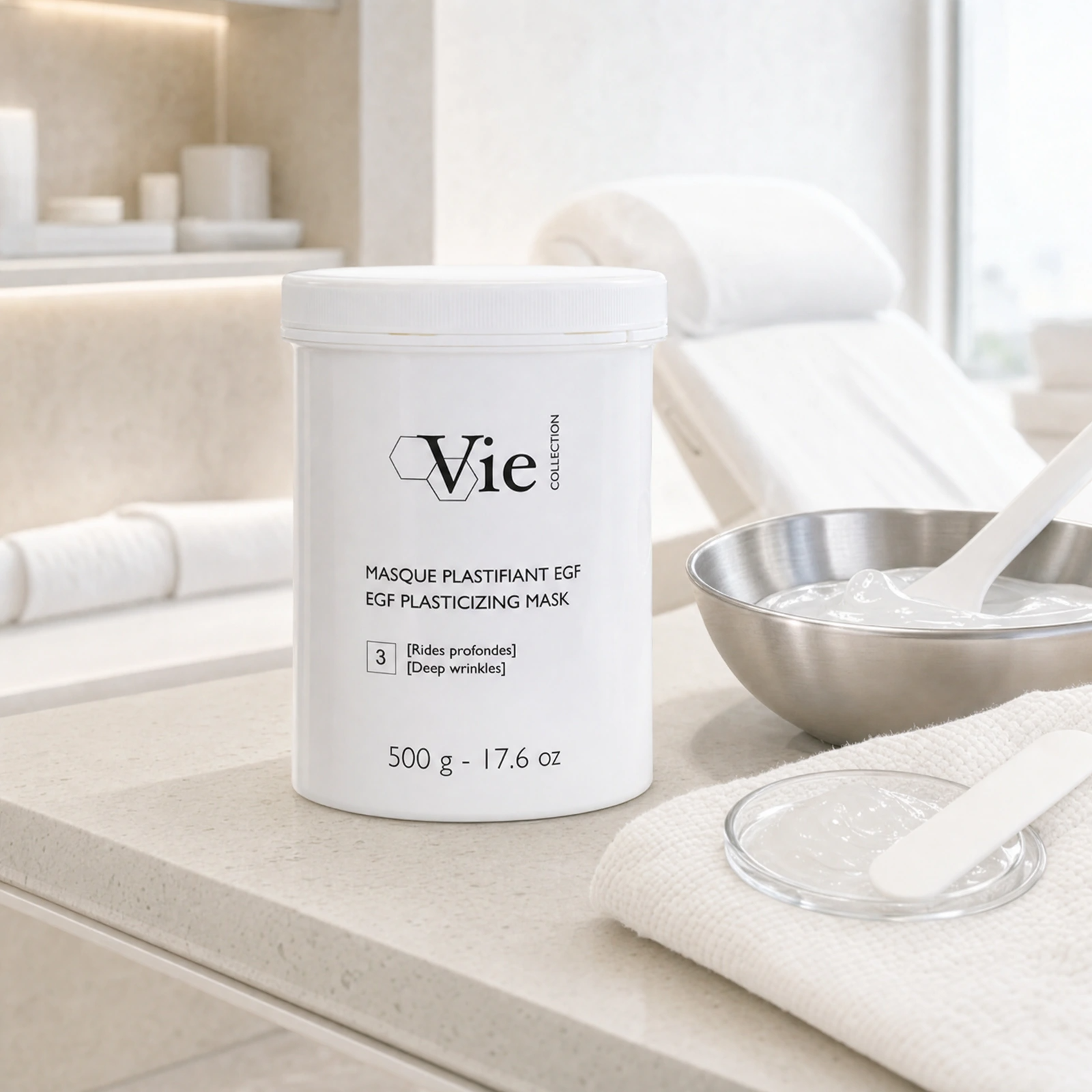 Vie Collection EGF Plasticizing Mask Deep Wrinkles 500g displayed in a premium clinical treatment-room setting for professional plasticizing mask and deep wrinkle treatments.
