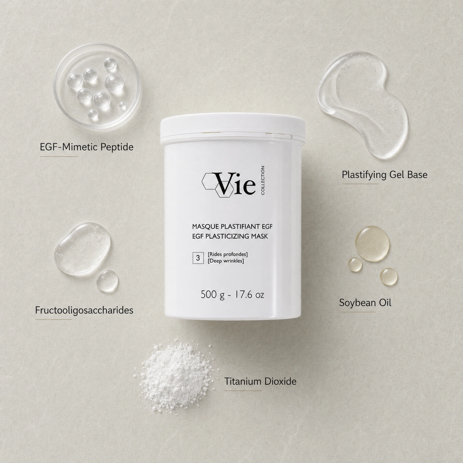 Vie Collection EGF Plasticizing Mask Deep Wrinkles 500g ingredient flatlay with EGF-Mimetic Peptide, Plastifying Gel Base, Fructooligosaccharides, Soybean Oil and Titanium Dioxide.