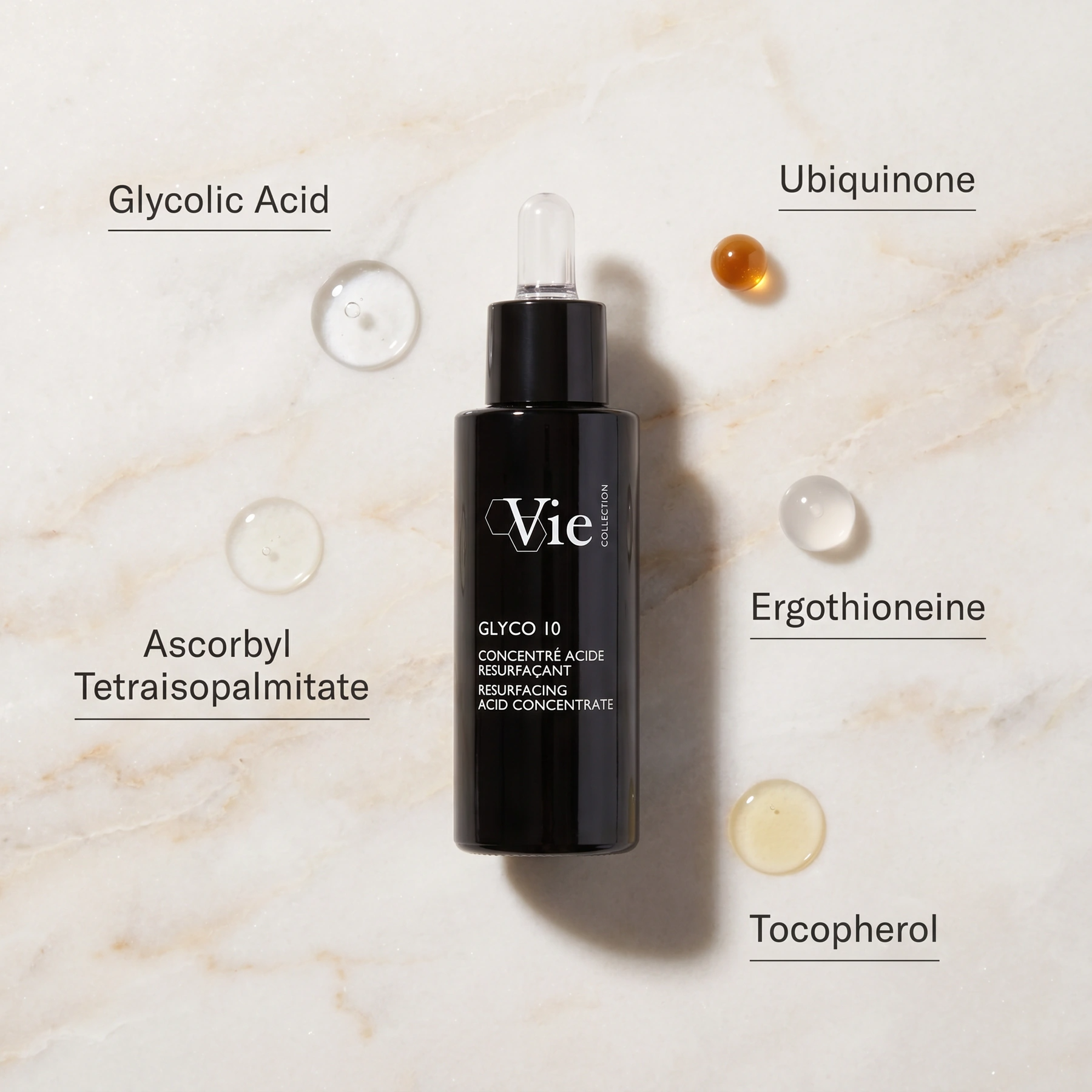 Vie Collection Glyco 10 Resurfacing Acid Concentrate 30ml with Glycolic Acid, Ubiquinone, Ascorbyl Tetraisopalmitate, Ergothioneine and Tocopherol.