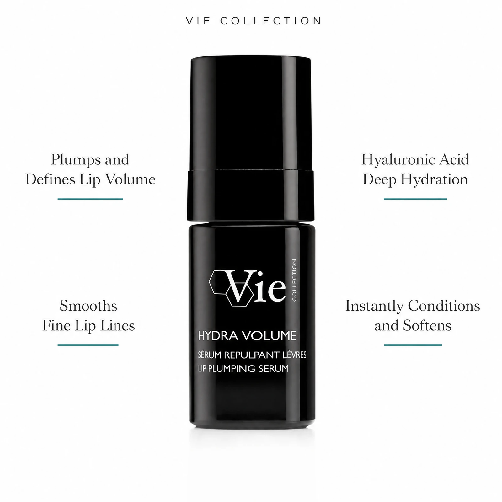 Vie Collection Hydra Volume Lip Plumping Serum 15ml with four benefit callouts: Plumps and Defines Lip Volume, Smooths Fine Lip Lines, Hyaluronic Acid Deep Hydration, Instantly Conditions and Softens
