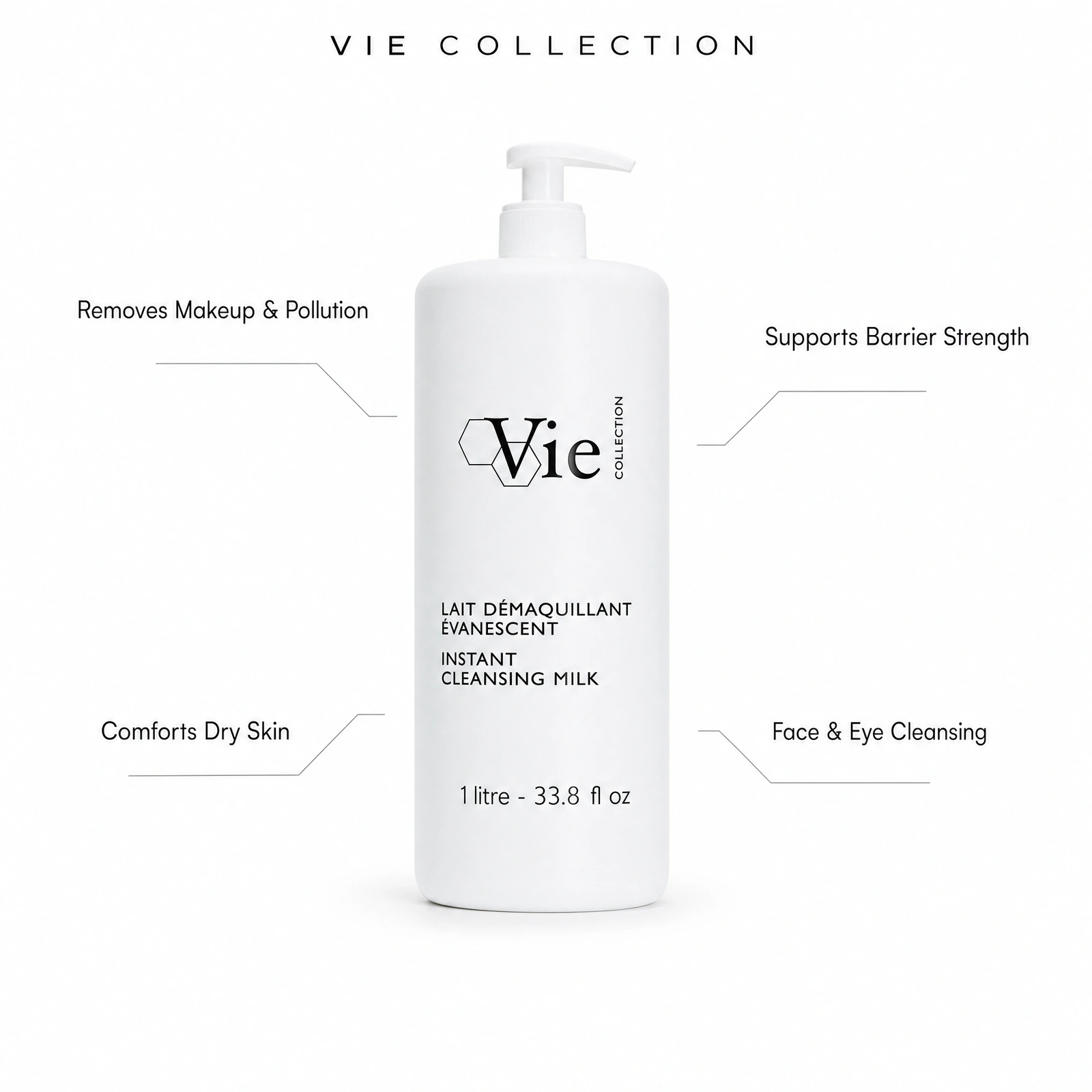 Vie Collection Instant Cleansing Milk 1000ml with professional benefit callouts for removing makeup and pollution, comforting dry skin, supporting barrier strength and cleansing the face and eye area.