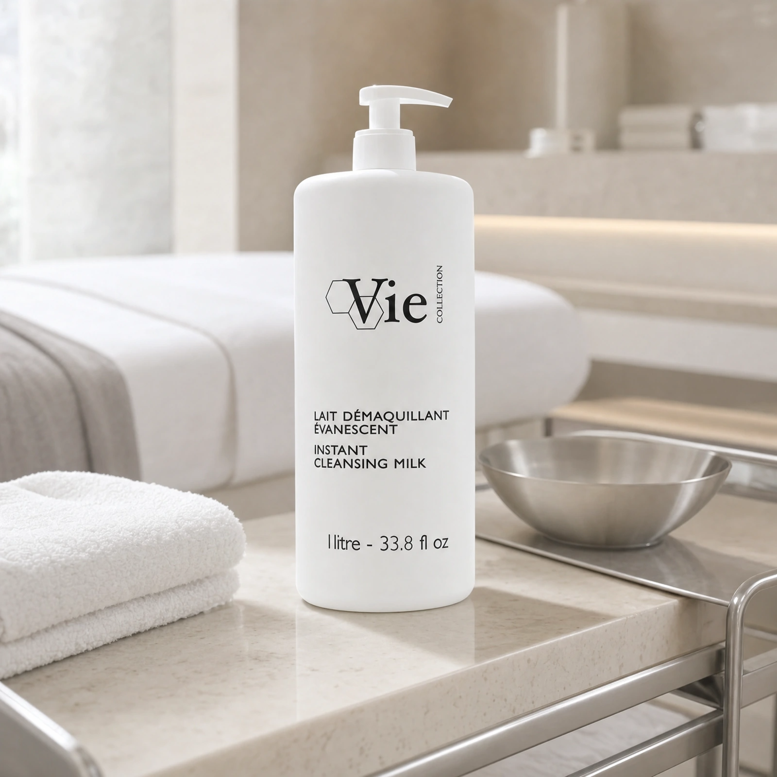 Vie Collection Instant Cleansing Milk 1000ml displayed in a premium clinical treatment-room setting for professional salons, spas and skin clinics.