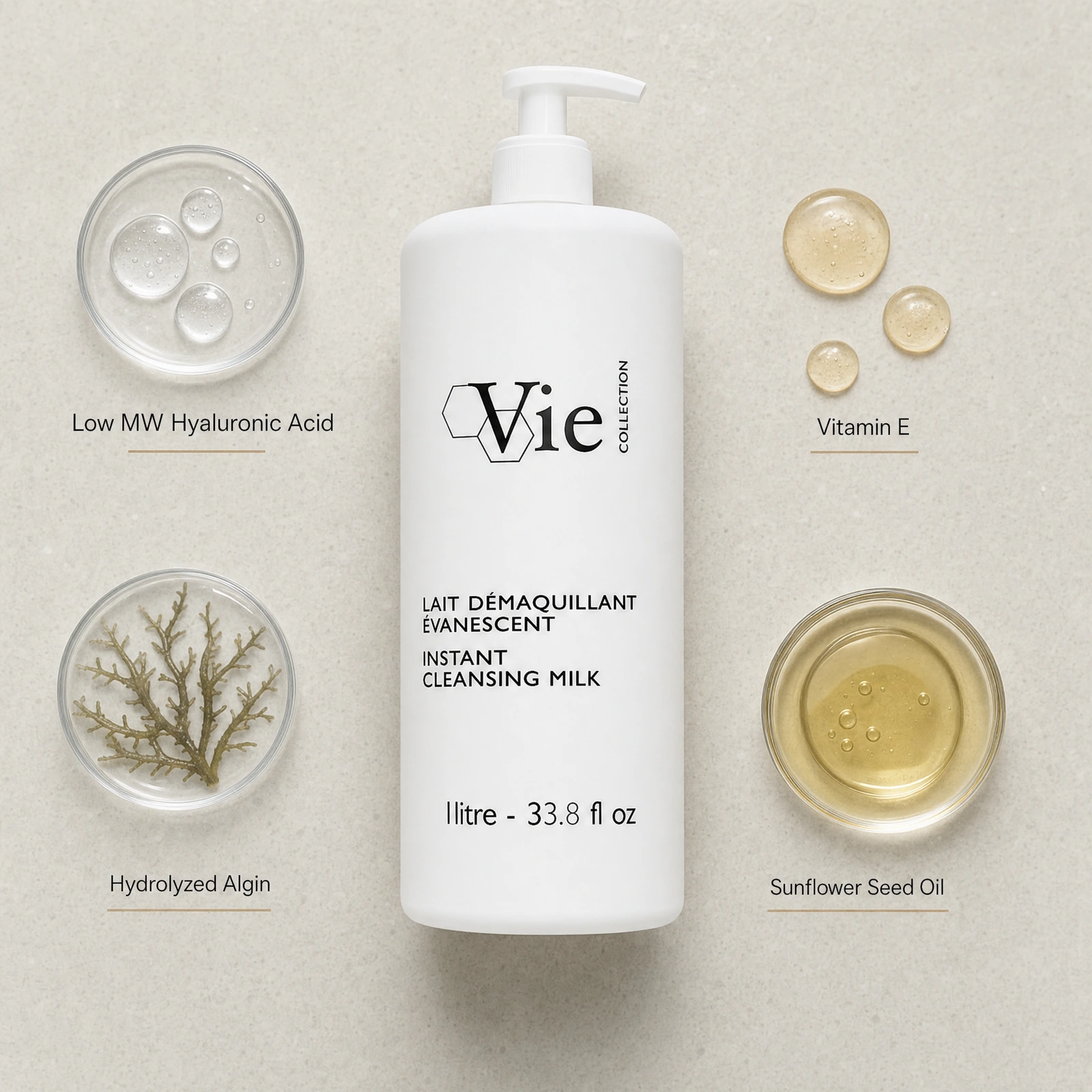 Vie Collection Instant Cleansing Milk 1000ml ingredient flatlay with Low MW Hyaluronic Acid, Vitamin E, Sunflower Seed Oil and Hydrolyzed Algin.