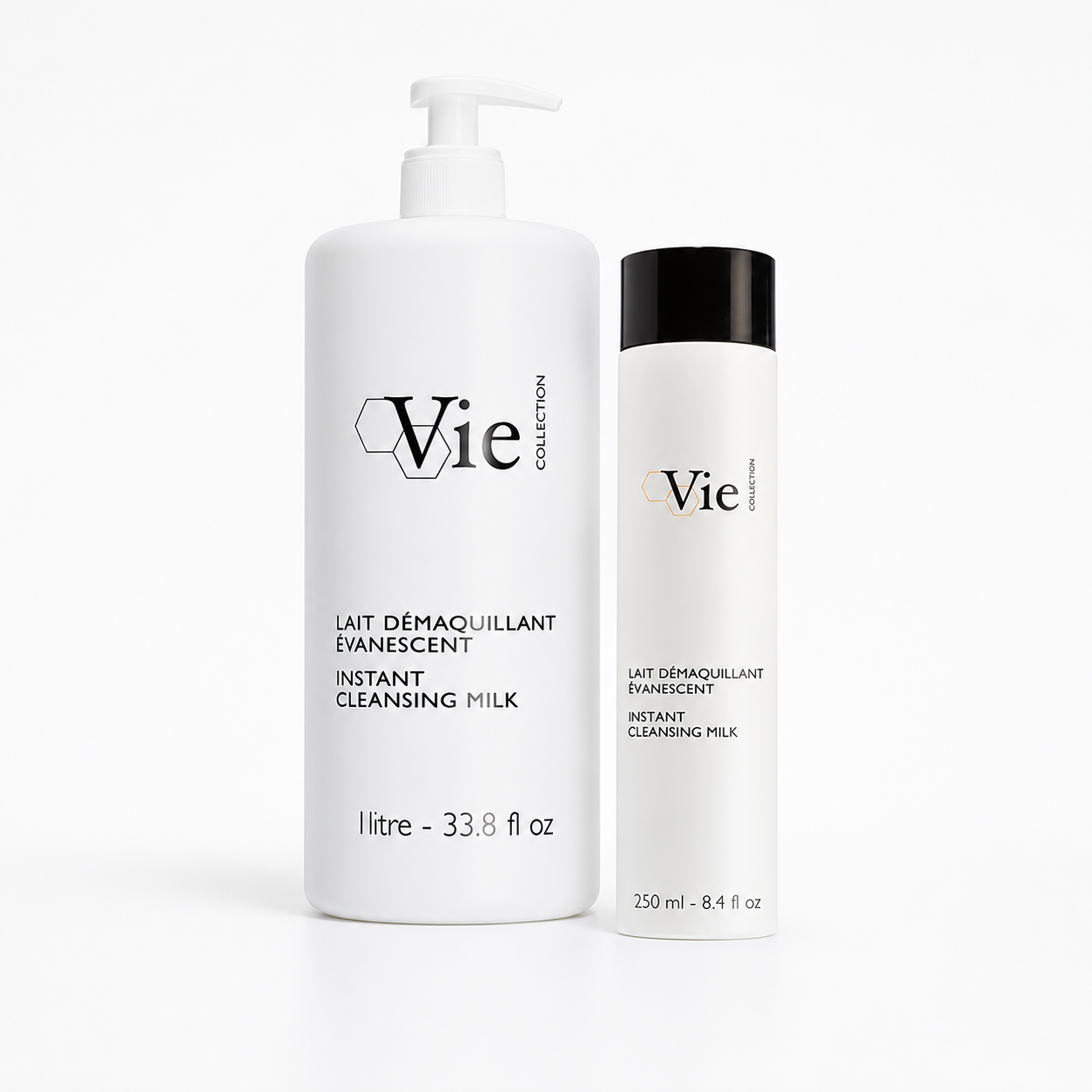 Vie Collection Instant Cleansing Milk retail and professional variant image showing the 250ml retail bottle and 1 litre professional pump bottle together on a clean white background.