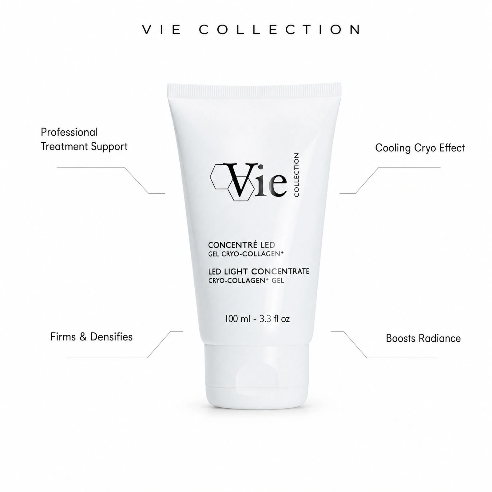 Vie Collection LED Light Concentrate Cryo-Collagen+ Gel 100ml with professional benefit callouts for treatment support, firming and densifying, cooling cryo effect and radiance boost.